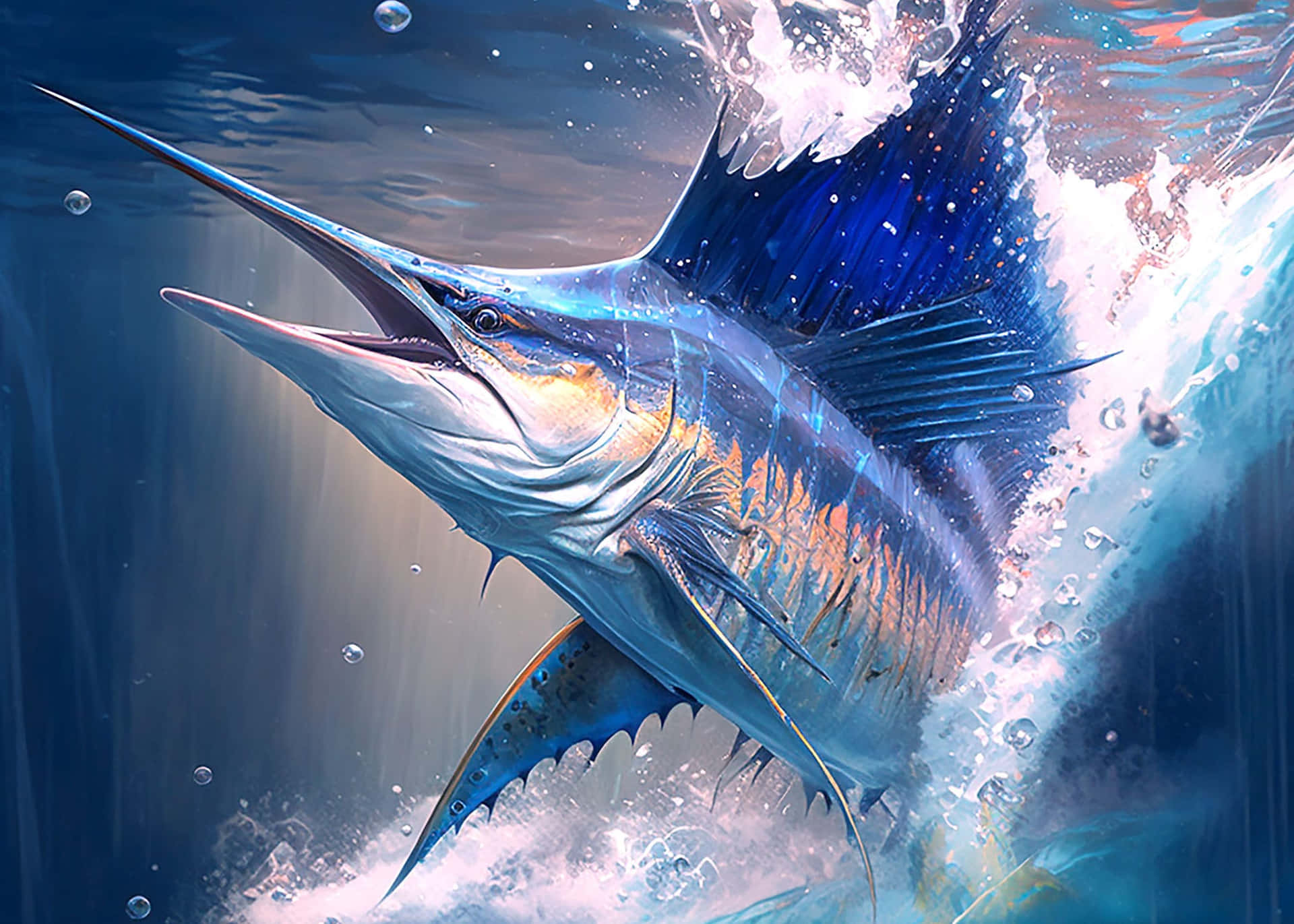  壁紙 — 一條雄偉的藍色馬林魚以爆炸性的力量衝破海面，創造出耀眼的水花和光線。