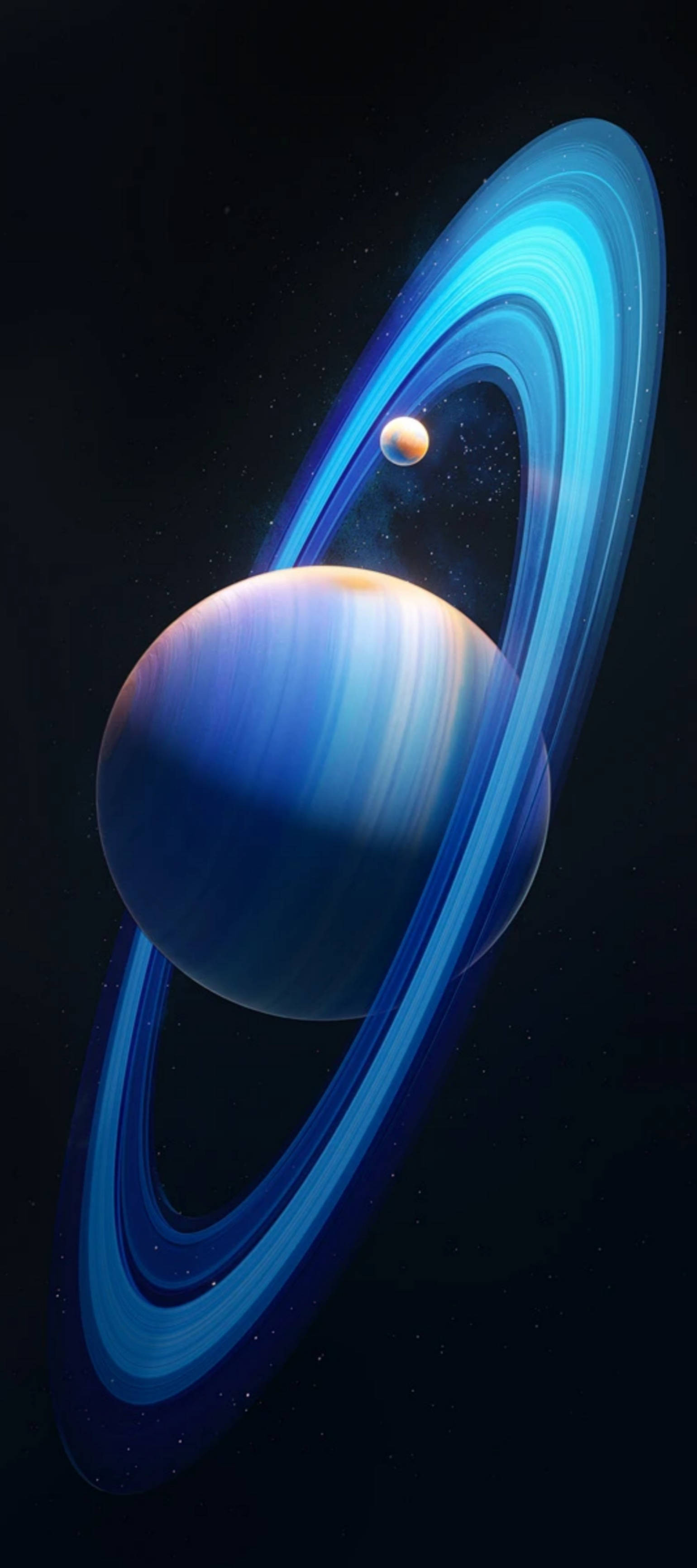 深空中一顆帶有發光光環和小衛星的藍色行星。 — 銀河 壁紙