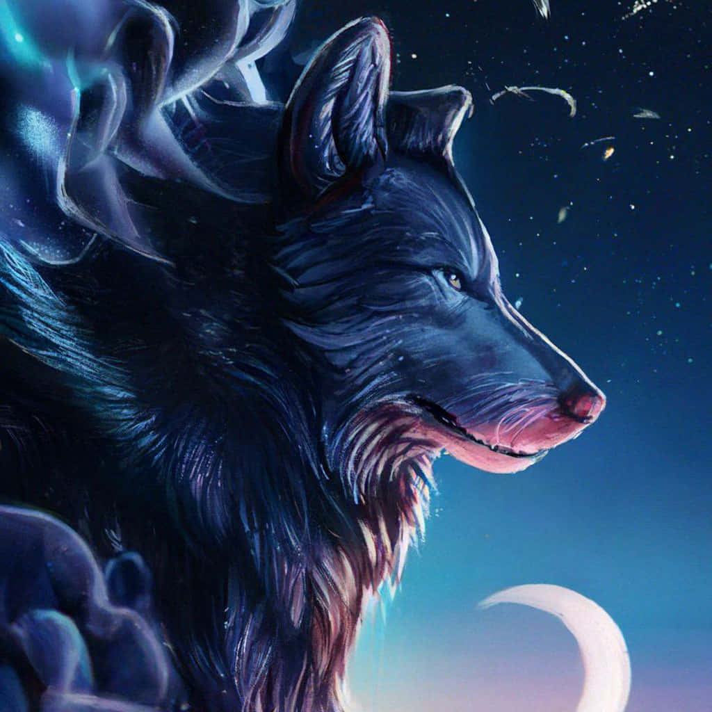  壁紙 — 一隻雄偉的藍色狼，眼睛發光，向右凝視，背景是星空夜空，下方有一彎新月。