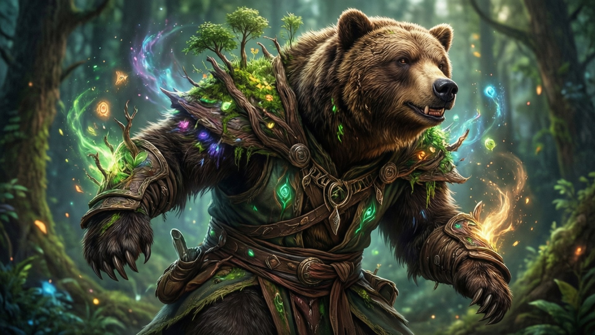 Druid Wild Shape Bear 壁紙 — 一隻雄偉的棕熊戰士，身披苔蘚盔甲，站在一個閃爍著魔法光芒的神秘森林中。