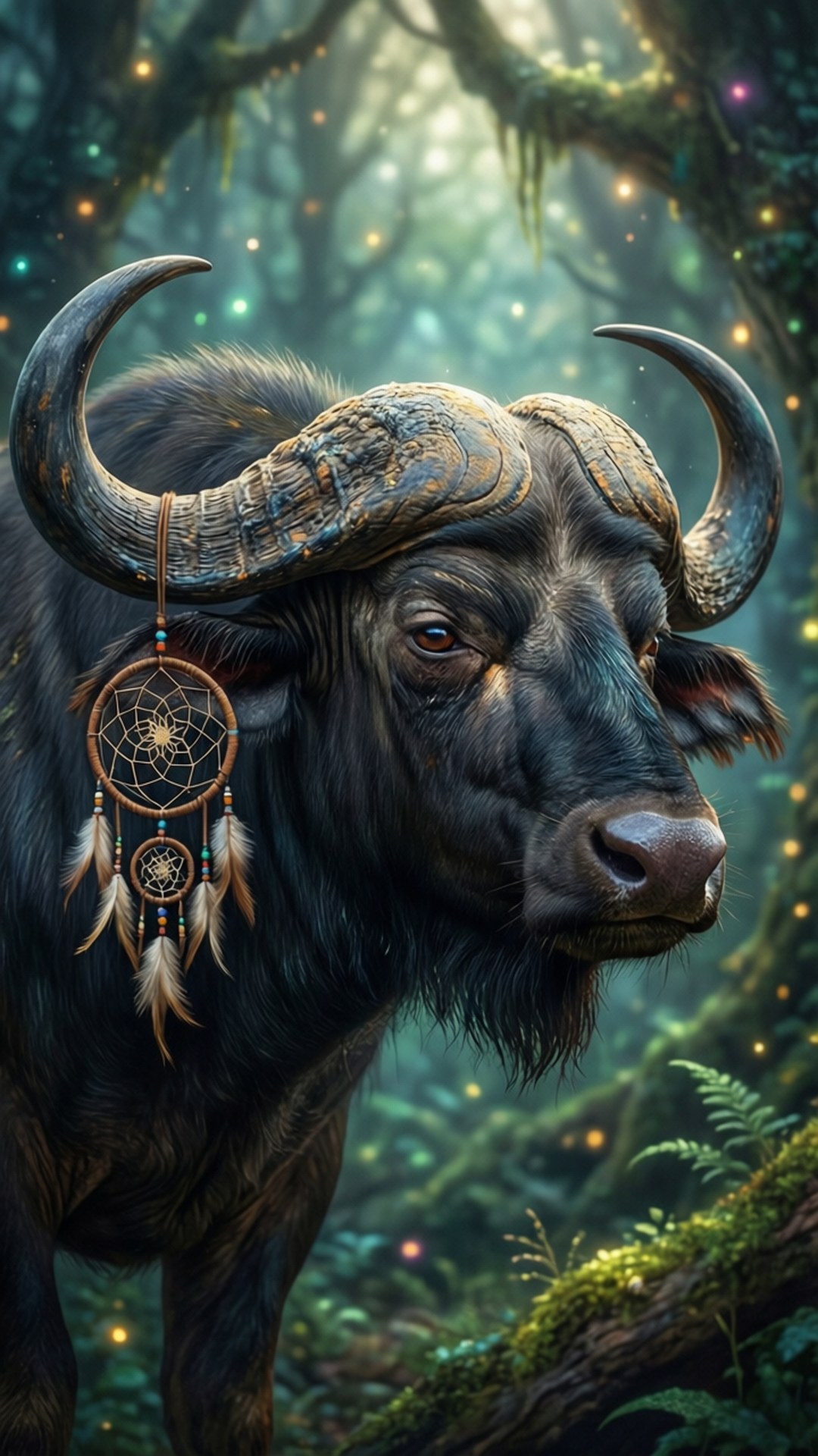 Mystical Buffalo Dreamcatcher 壁紙 — 一頭雄偉的水牛，長著巨大的彎角，站在一個神秘森林中，森林裡閃爍著柔和的光芒，掛滿了苔蘚。