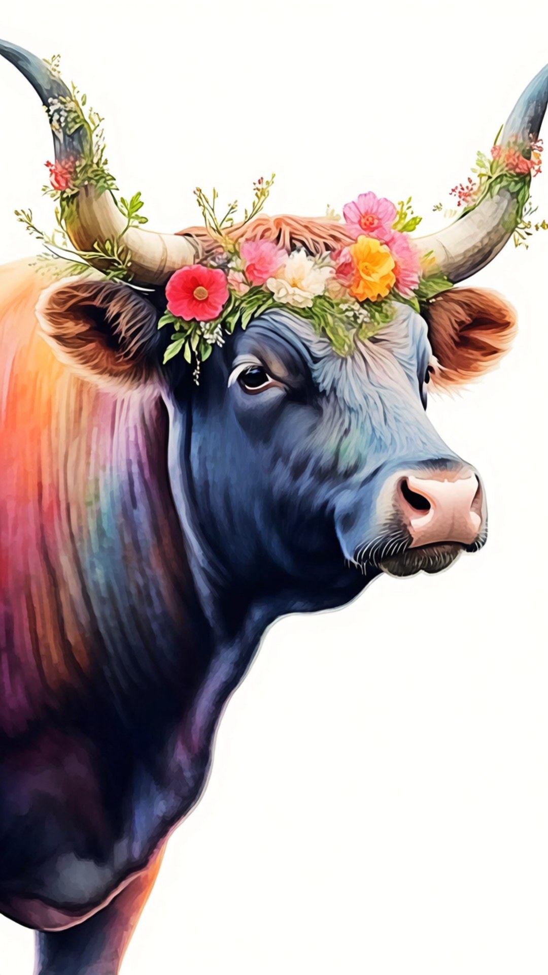 Watercolor Ox 壁紙 — 一頭雄偉的公牛，擁有彩虹色的皮毛和花冠，背景為白色。
