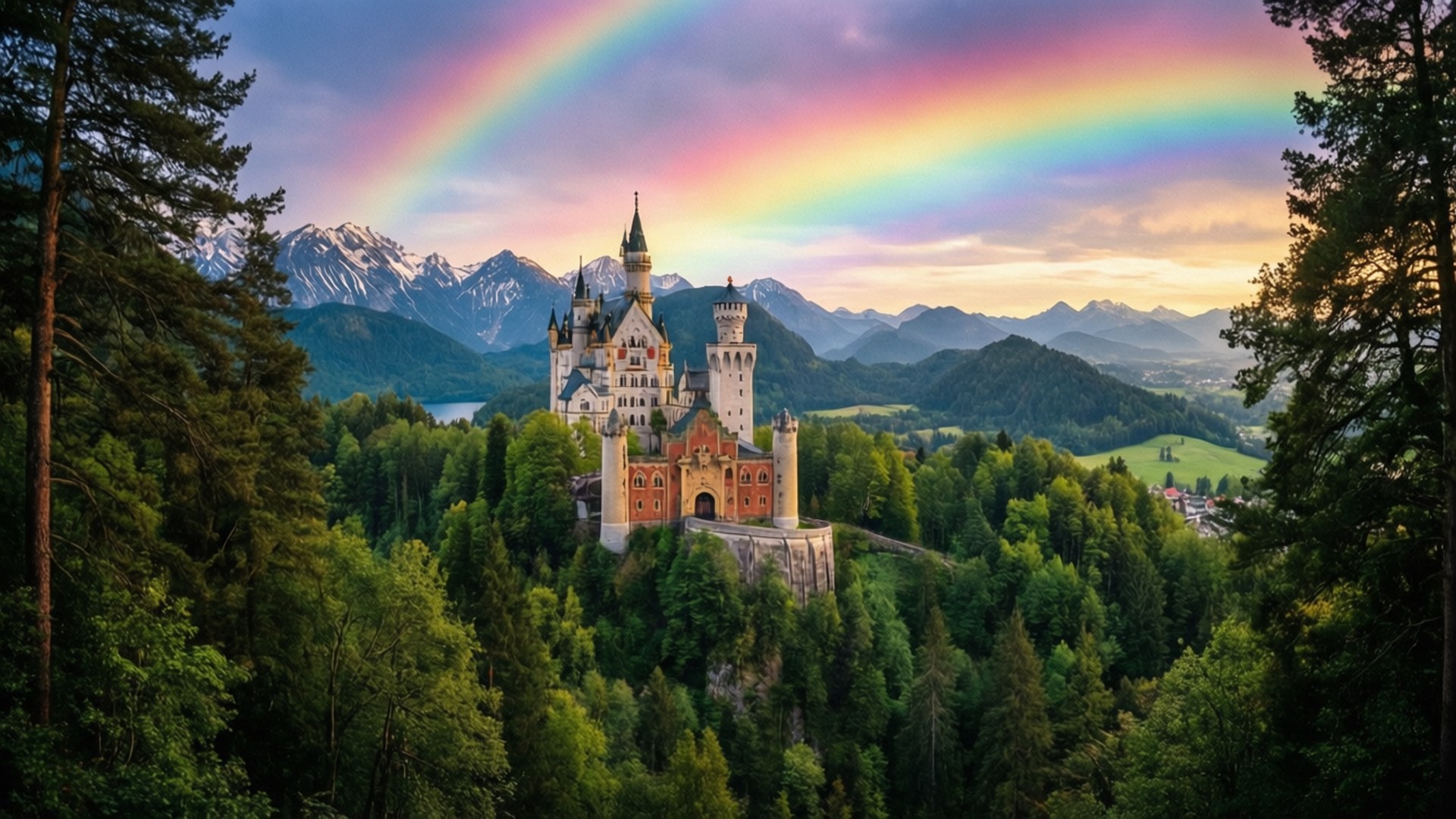 Enchanted Forest Castle 壁紙 — 一座雄偉的城堡坐落在樹木繁茂的山丘上，夕陽下，一道鮮豔的彩虹拱在白雪覆蓋的山峰之上。
