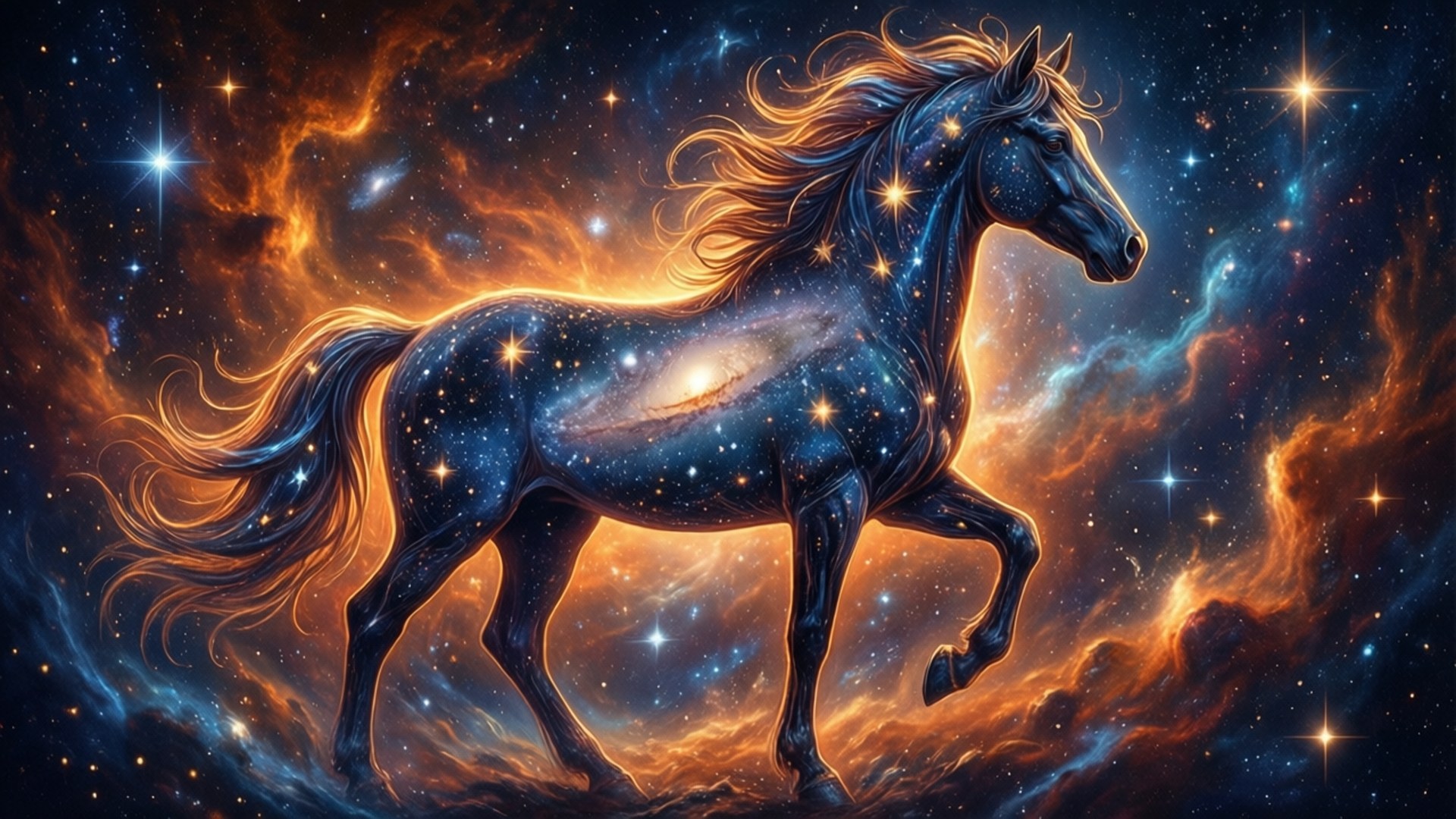 Cosmic Horse Nebula 壁紙 — 一匹雄偉的宇宙馬奔騰穿過充滿發光恆星和旋轉橙藍色雲彩的充滿活力的星雲。