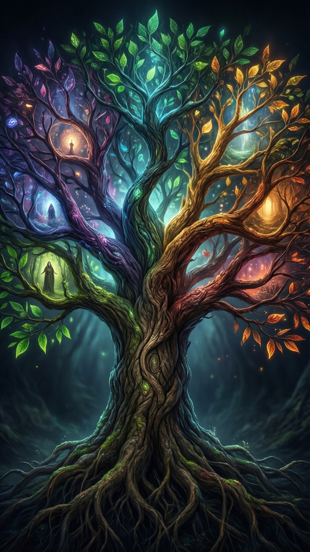 World Tree Branches 壁紙 — 一棵宏偉的宇宙樹，發光的樹枝和樹洞中的神秘人物，背景是繁星點點的夜空。