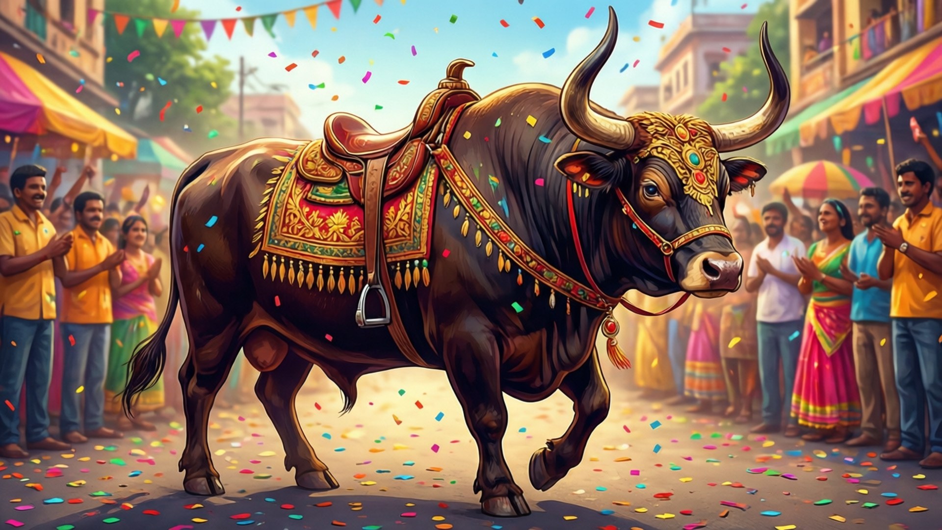 Festival Ox Parade 壁紙 — 一頭裝飾華麗的公牛在充滿活力的街頭節日中大步前行，五彩紙屑如雨般落下，人群歡呼。
