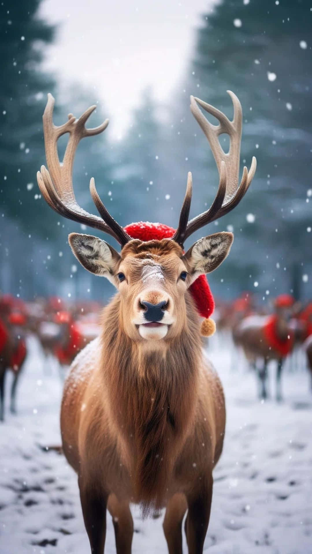  壁紙 — 一隻擁有巨大鹿角的雄偉鹿，戴著紅色聖誕帽，站在雪花飄落的雪地森林中。