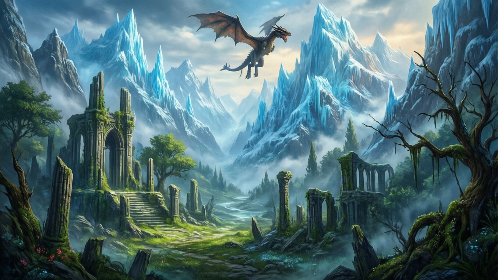 Frostback Peaks Dragon 壁紙 — 一條雄偉的龍翱翔於古老石廢墟之上，這些廢墟坐落於被高聳冰山和霧氣森林環繞的山谷中。