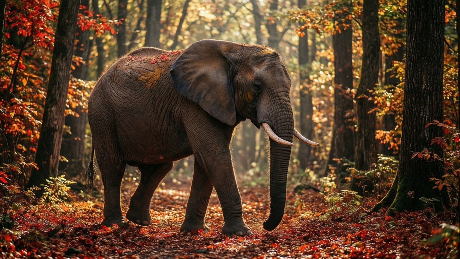 Elephant in Autumn Forest 壁紙 — 一頭雄偉的大象走過陽光明媚的秋日森林，地上鋪滿了紅色和橙色的落葉。