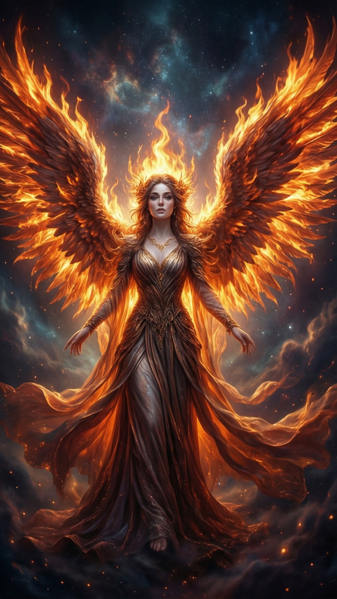 Goddess of Fiery Skies 壁紙 — 一位莊嚴的女性天使，擁有熾熱的橙色翅膀，站在繁星點點的宇宙天空中，披著流動的深色長袍。