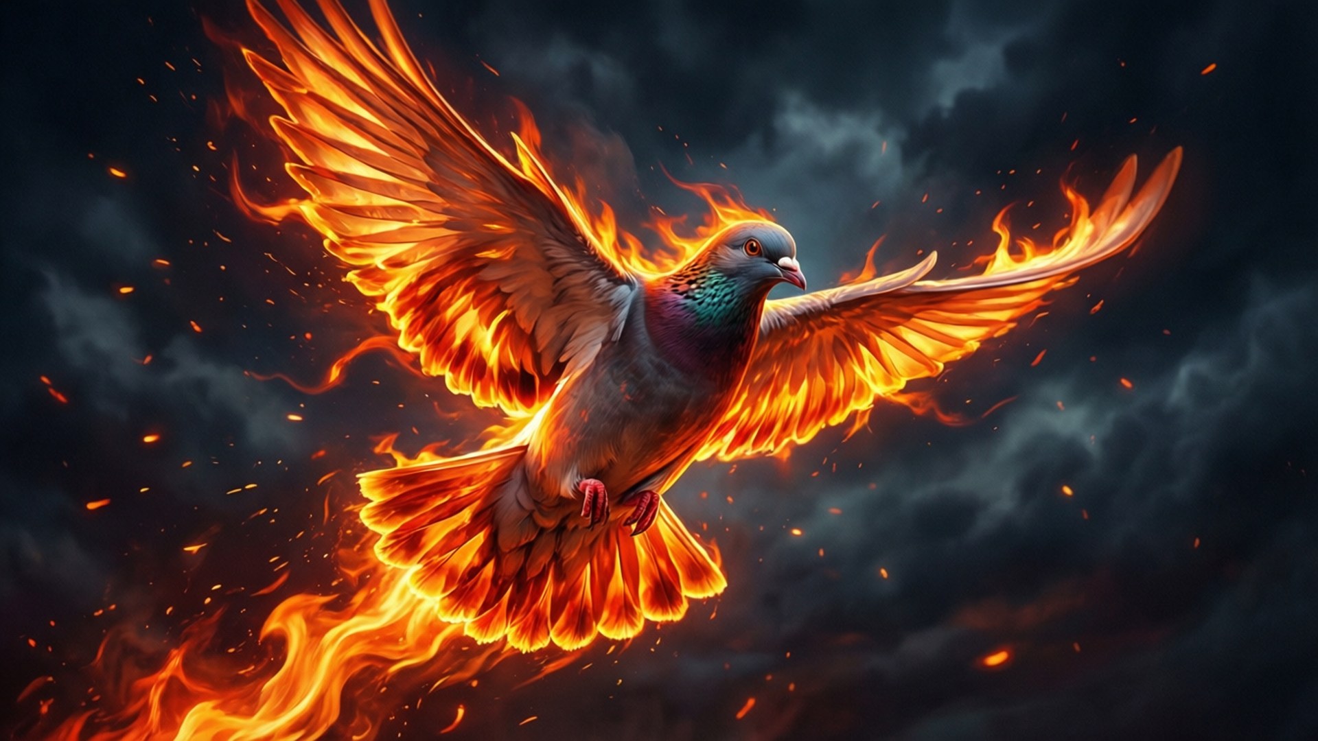 Holy Spirit Activate 桌布 壁紙 — 一隻雄偉的火焰鴿子穿過黑暗的暴風雲翱翔，翅膀燃燒著鮮豔的橙色和紅色火焰。