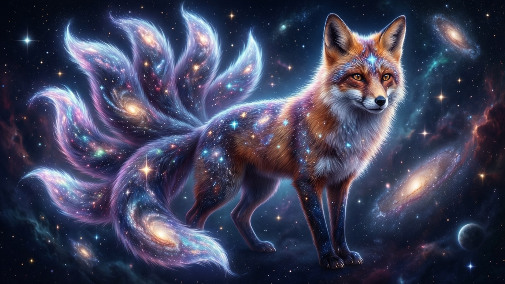 Galactic Fox 壁紙 — 一隻雄偉的狐狸，尾巴像銀河般旋轉，站在星光燦爛的宇宙背景前，背景充滿發光的星雲和遙遠的星系。