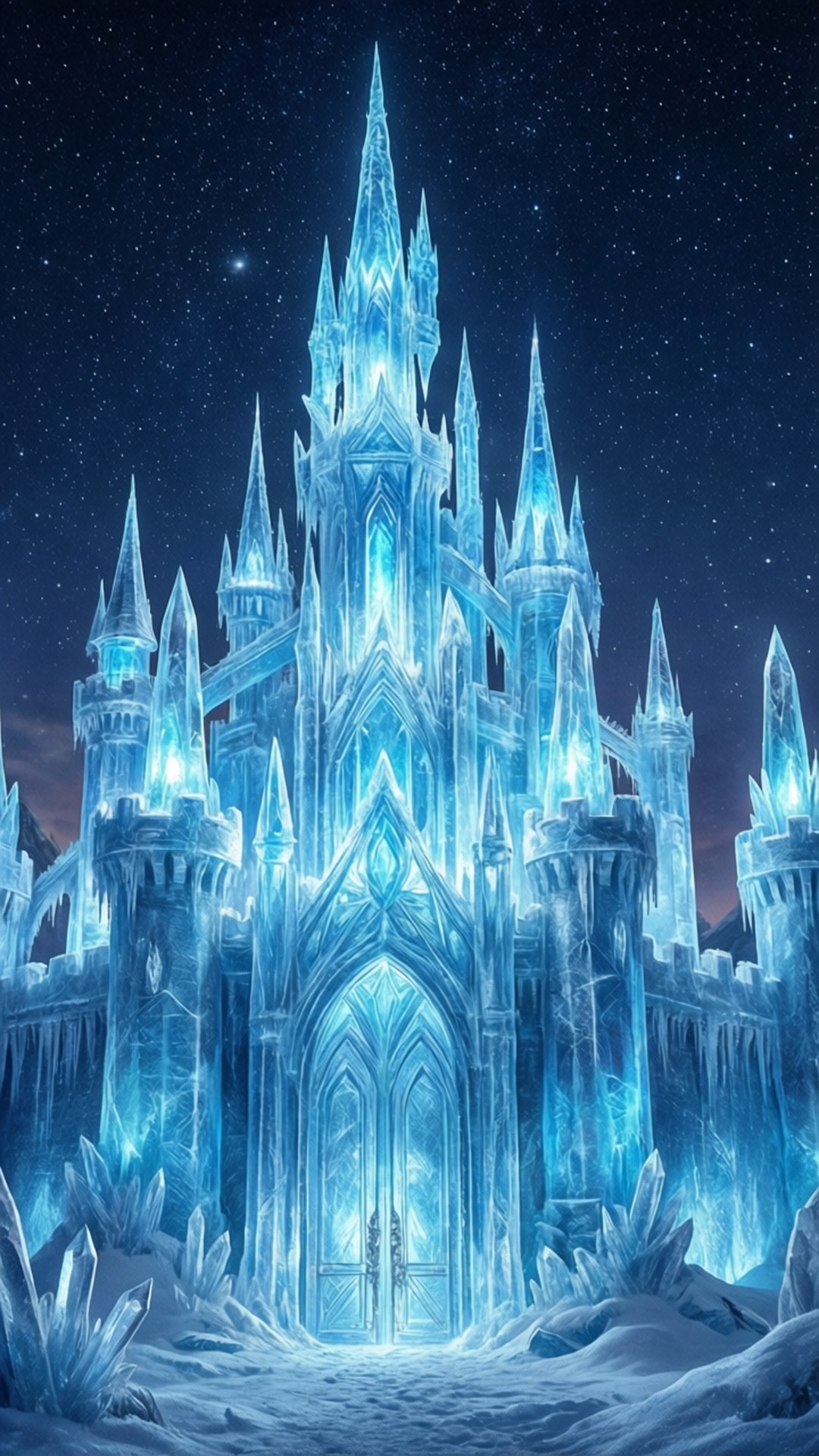 Crystal Ice Castle 壁紙 — 一座雄偉的發光藍色冰城堡，帶有尖塔和水晶結構，矗立在星空下。