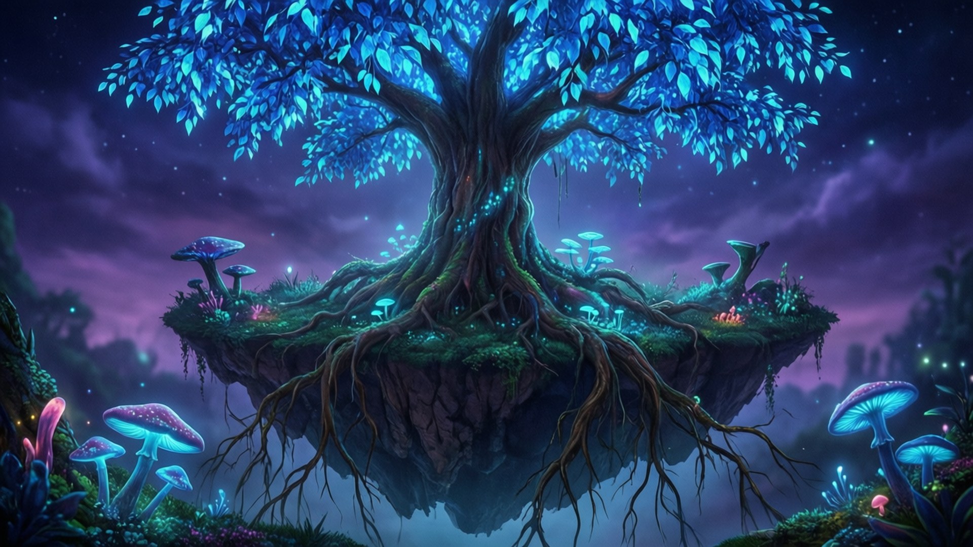 Glowing Tree Island 壁紙 — 一棵雄偉的發光藍樹扎根於一個漂浮的島嶼，周圍環繞著生物發光的蘑菇，背景是繁星點點的紫色天空。