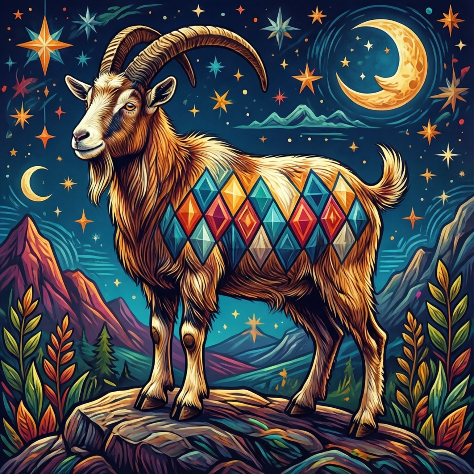 Folk Art Goat 壁紙 — 一隻帶有彩色幾何圖案的雄偉山羊站在岩石山頂上，背景是有新月的星空夜空。