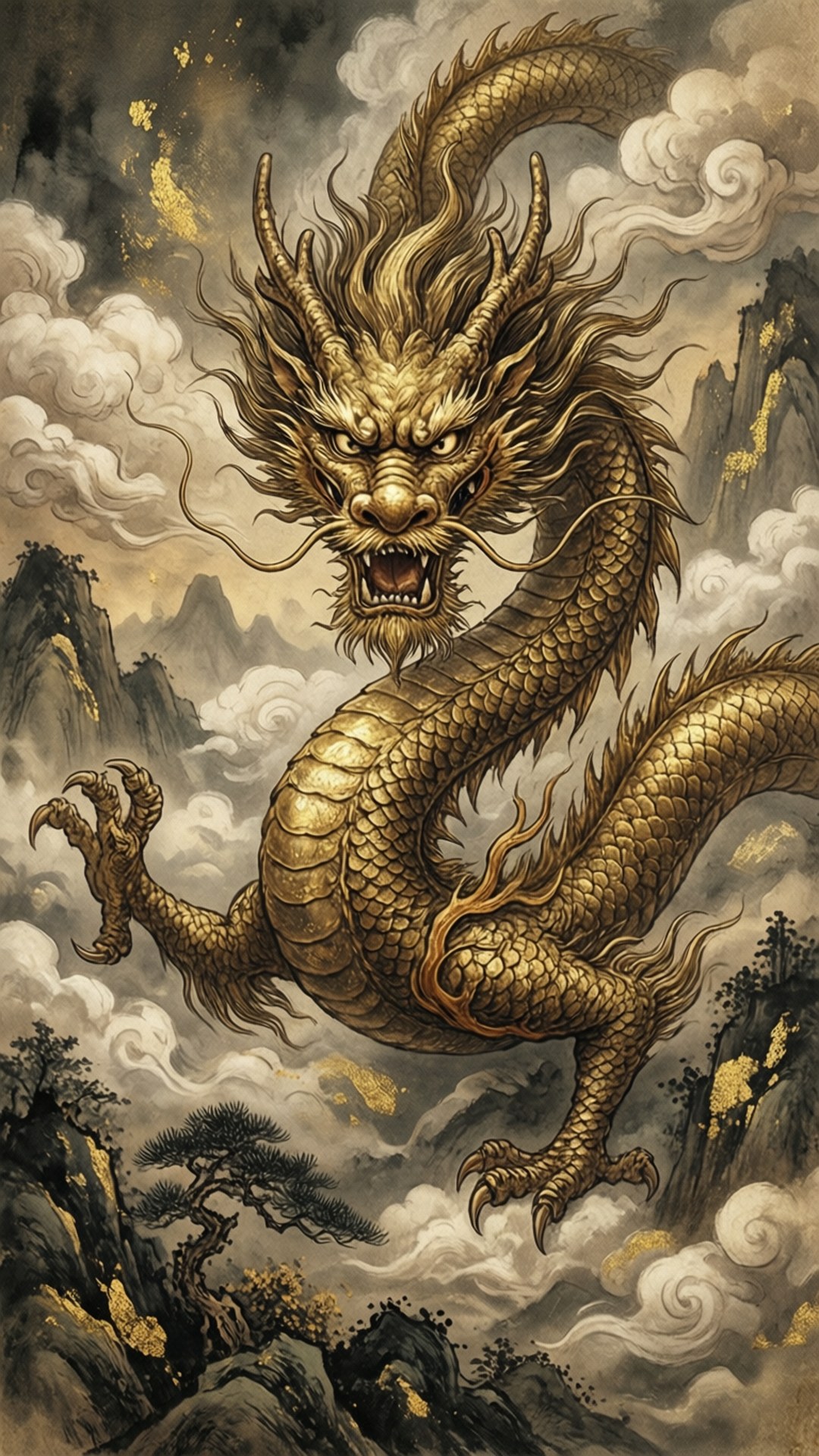 Golden Dragon Scroll 壁紙 — 一隻雄偉的金龍，帶有複雜的鱗片和飄逸的鬃毛，在霧氣繚繞的山脈和松樹上方穿過旋轉的雲層翱翔。