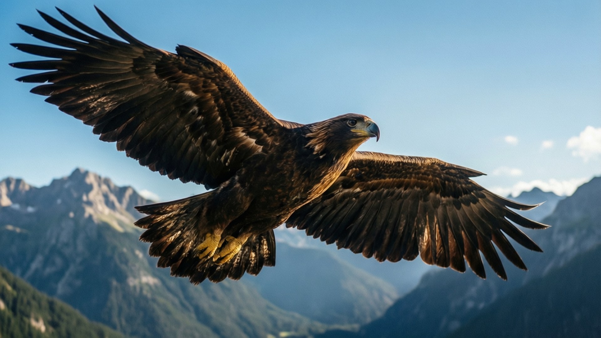 Eagle's Vision 壁紙 — 一隻雄偉的金雕在崎嶇的山峰之上，展開寬闊的翅膀，翱翔於清澈的藍天中。