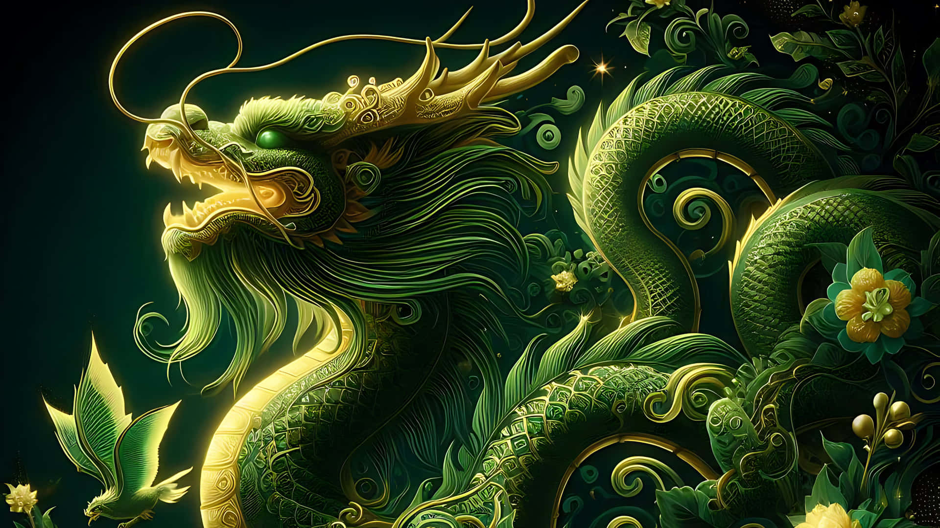 一條詳細的綠色和金色龍，在黑暗環境中被花朵和樹葉包圍。 — 4K 壁紙