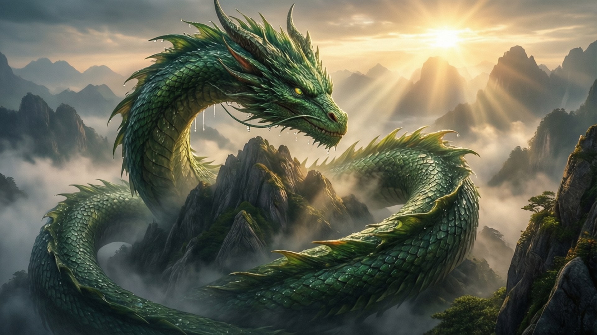 Dragon of the Mountain Peak 壁紙 — 一條雄偉的綠色巨龍盤繞在霧氣繚繞的山峰上，金色的陽光從其後方的雲層中穿透而出。