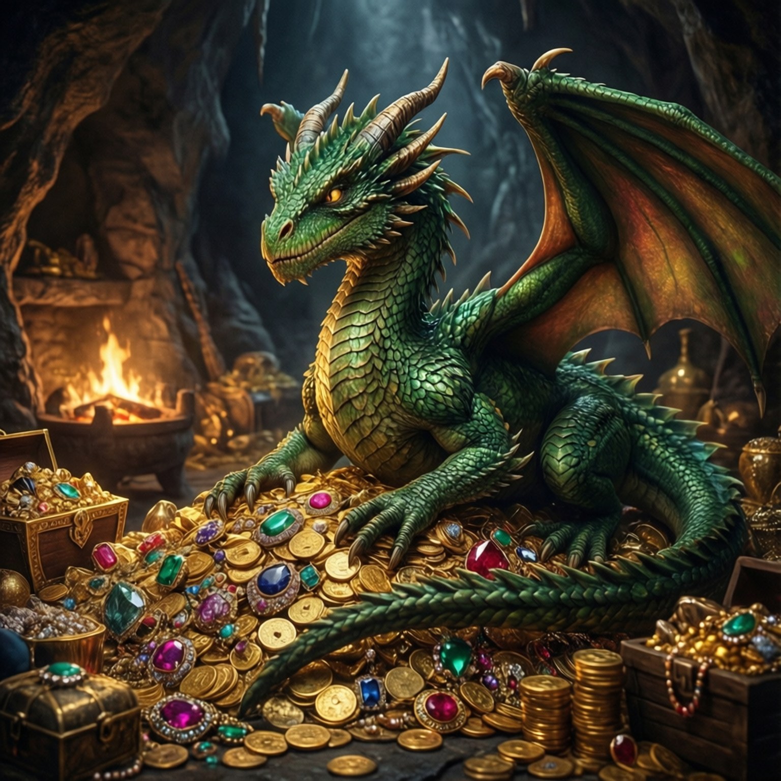 Dragon's Treasure Cave 壁紙 — 一隻雄偉的綠色龍，眼睛發光，躺在一個由溫暖火焰照亮的黑暗洞穴中的一堆金幣和彩色寶石上。