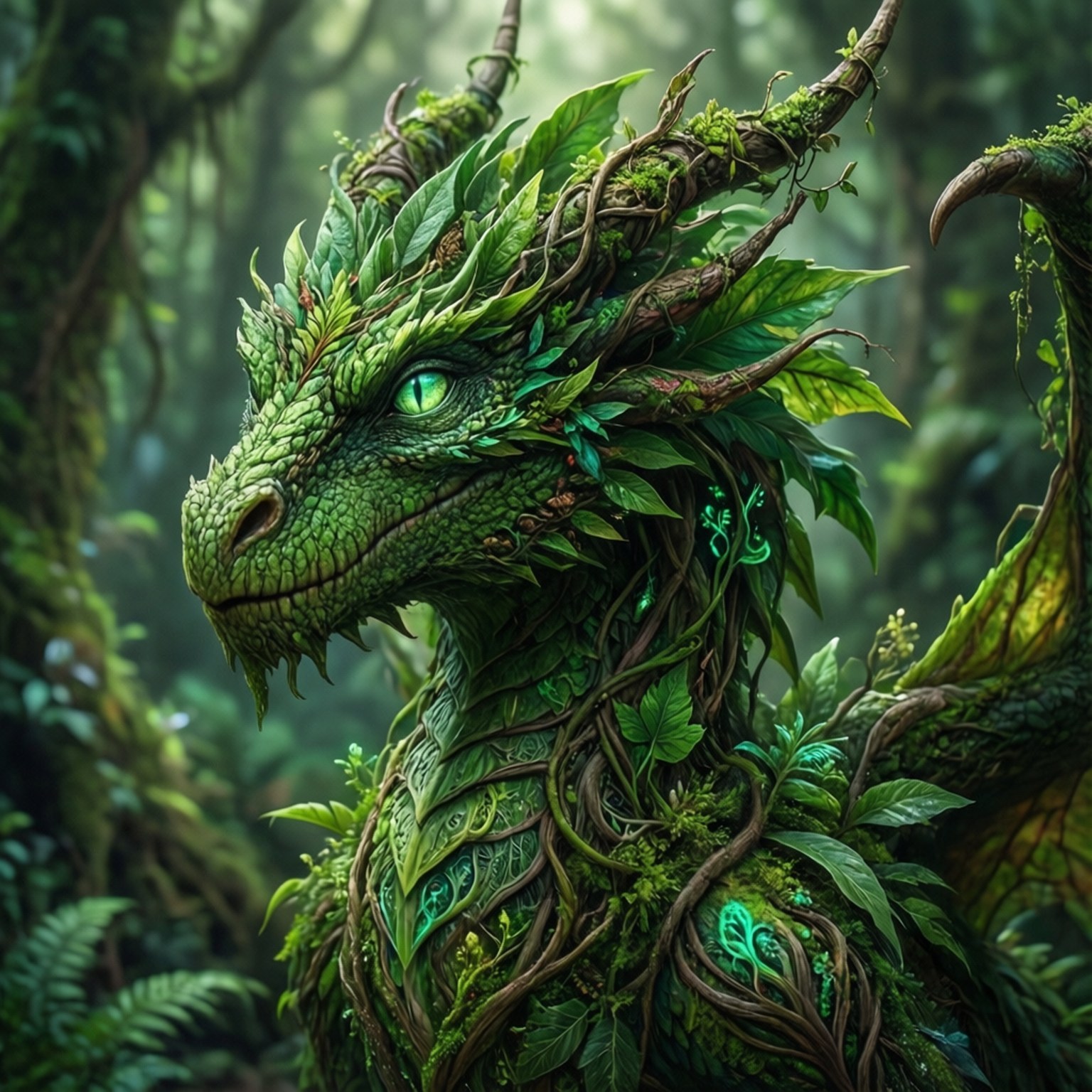 Nature Elemental Dragon 壁紙 — 一隻雄偉的綠色龍，帶有葉狀鱗片和發光的眼睛，從迷霧叢林中出現，藤蔓和樹葉與它的形體交織在一起。