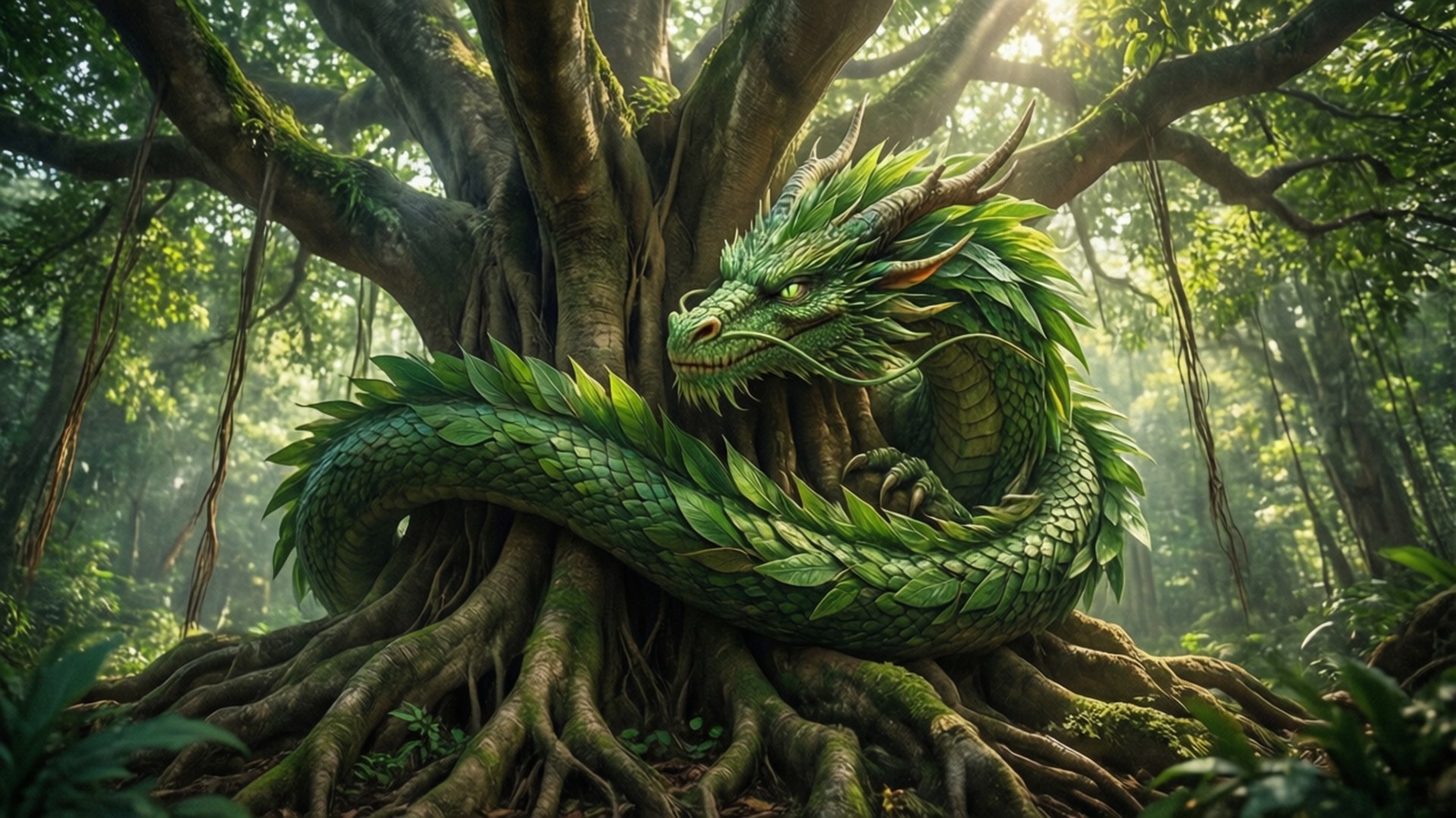 Forest Tree Dragon 壁紙 — 一隻雄偉的綠色龍，帶有葉狀鱗片，纏繞在陽光明媚的叢林中一棵巨大的長滿苔蘚的樹幹上。