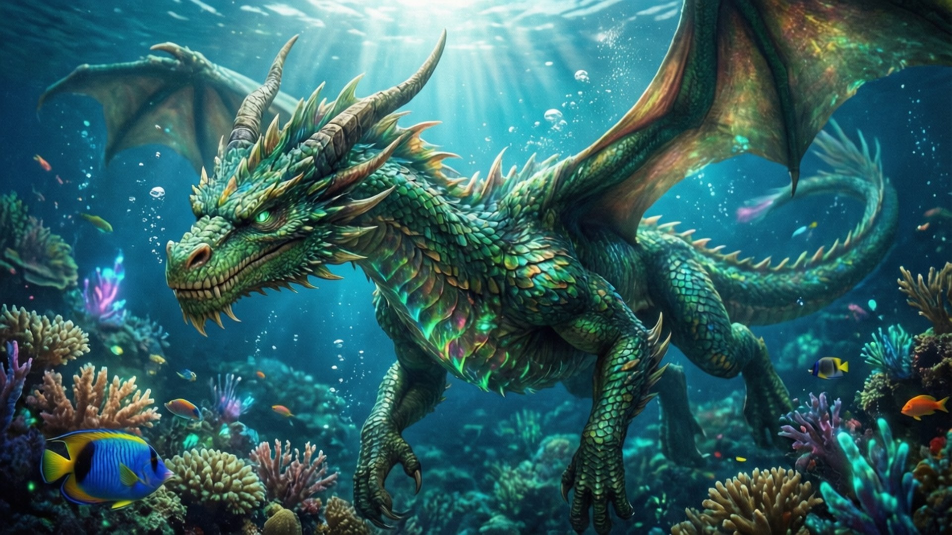 Underwater Dragon Reef 壁紙 — 一隻雄偉的綠色鱗片龍，擁有翅膀和角，優雅地游過沐浴在陽光中的 vibrant 珊瑚礁。