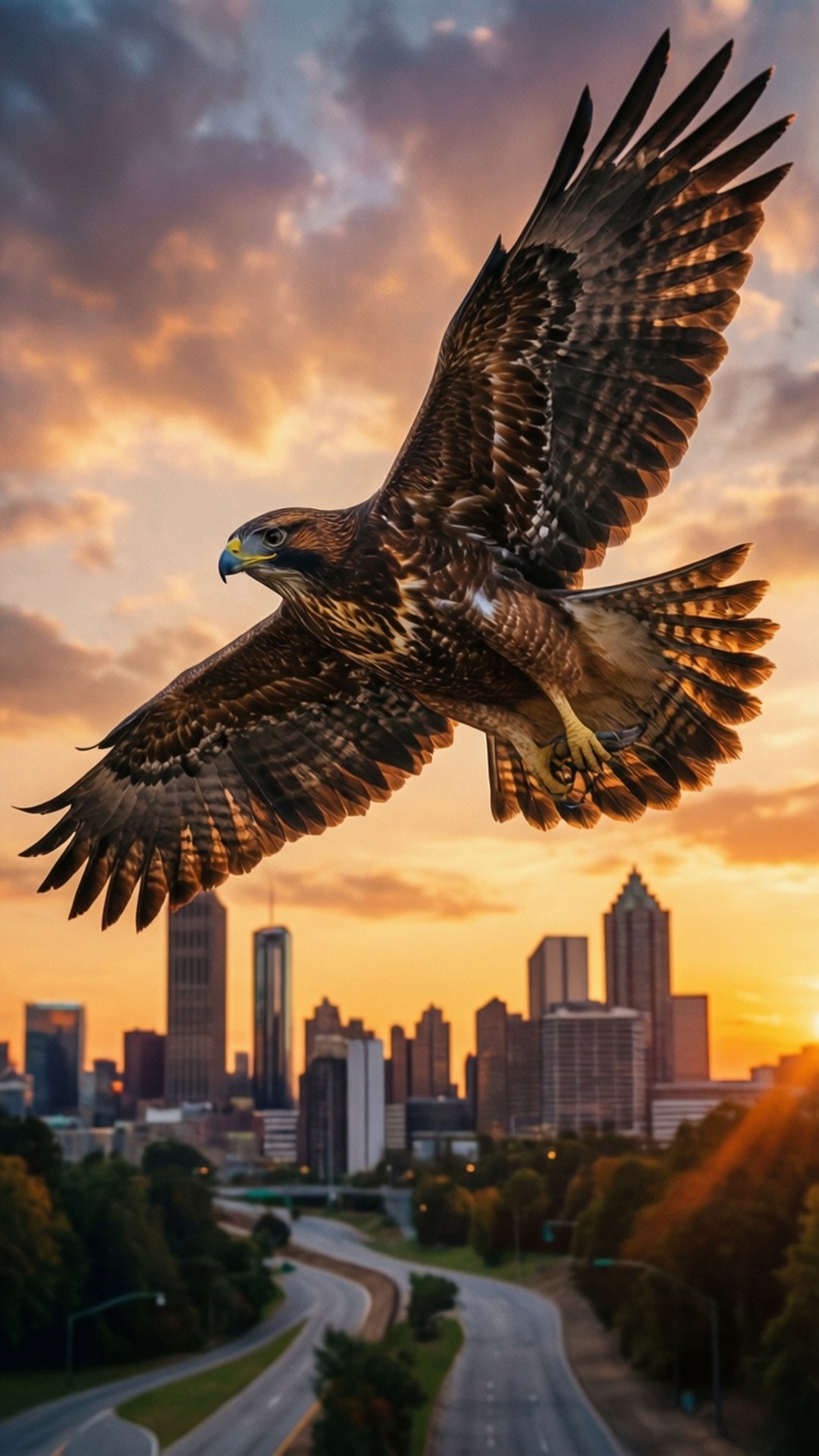 Hawk Over Atlanta 壁紙 — 一隻雄偉的鷹在現代城市景觀上空，展開寬闊的翅膀，在充滿活力的日落天空下翱翔。