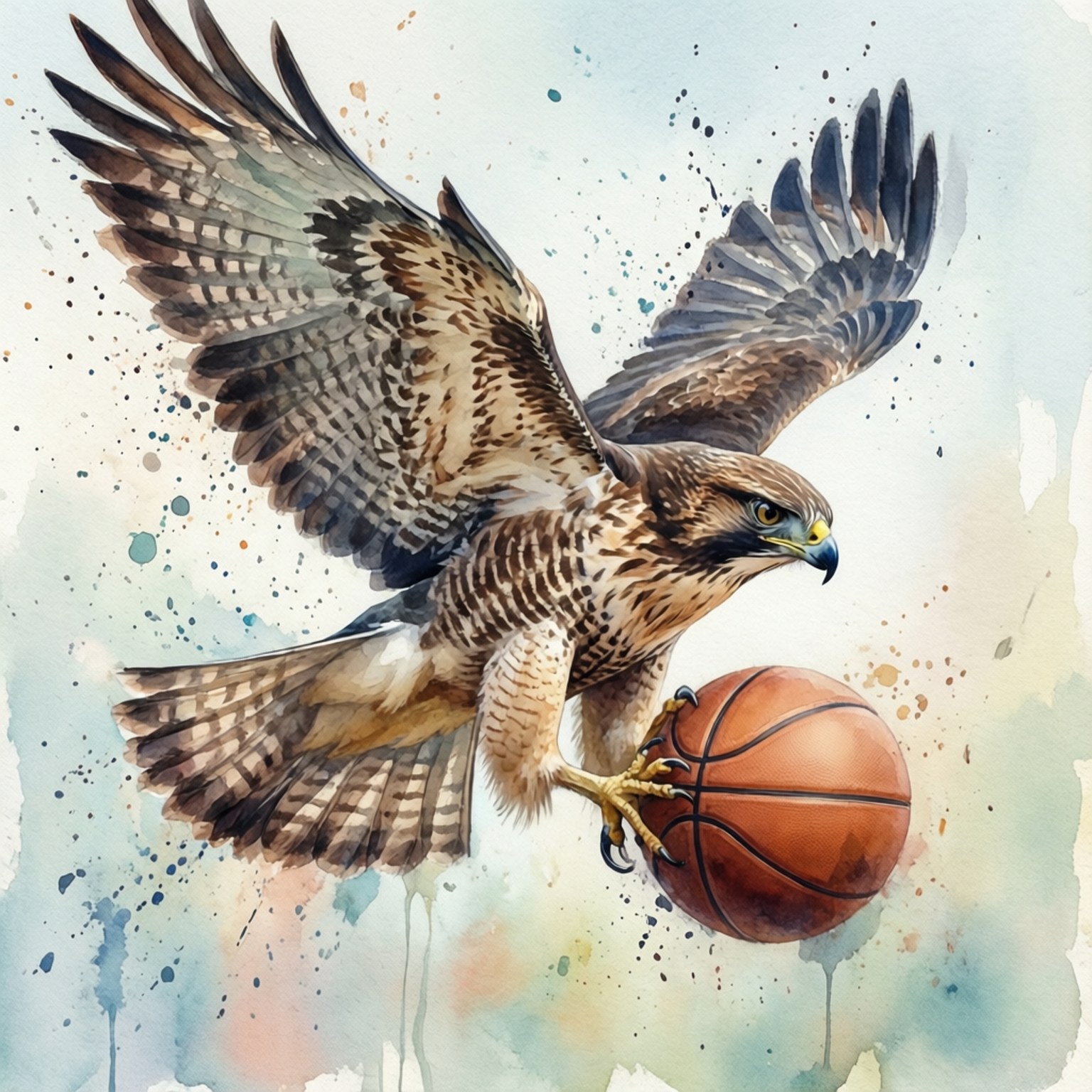 Watercolor Hawk 壁紙 — 一隻雄偉的鷹展翅翱翔，緊抓著籃球，背景是充滿活力的水彩潑濺。