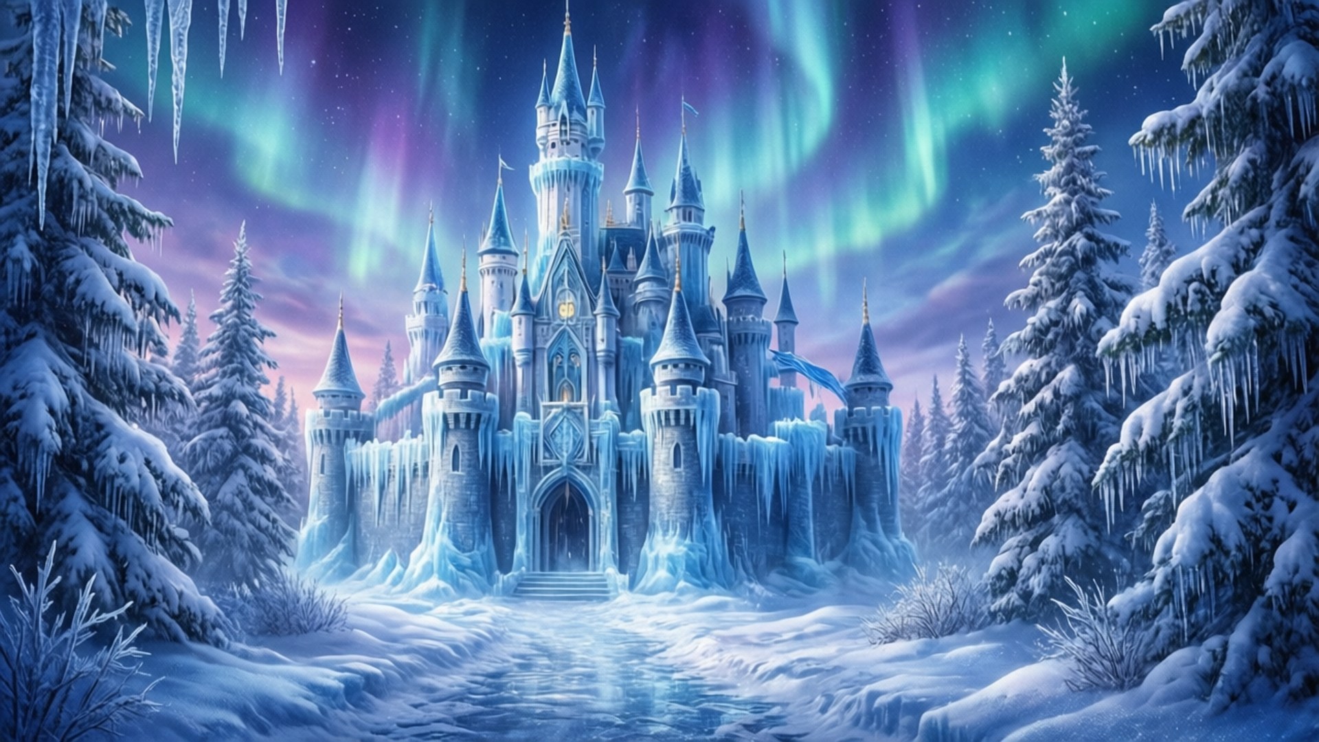 Ice Castle Aurora 壁紙 — 一座雄偉的冰城堡，帶有尖頂和冰凍的塔樓，矗立在白雪皚皚的森林中，上方是充滿活力的北極光。