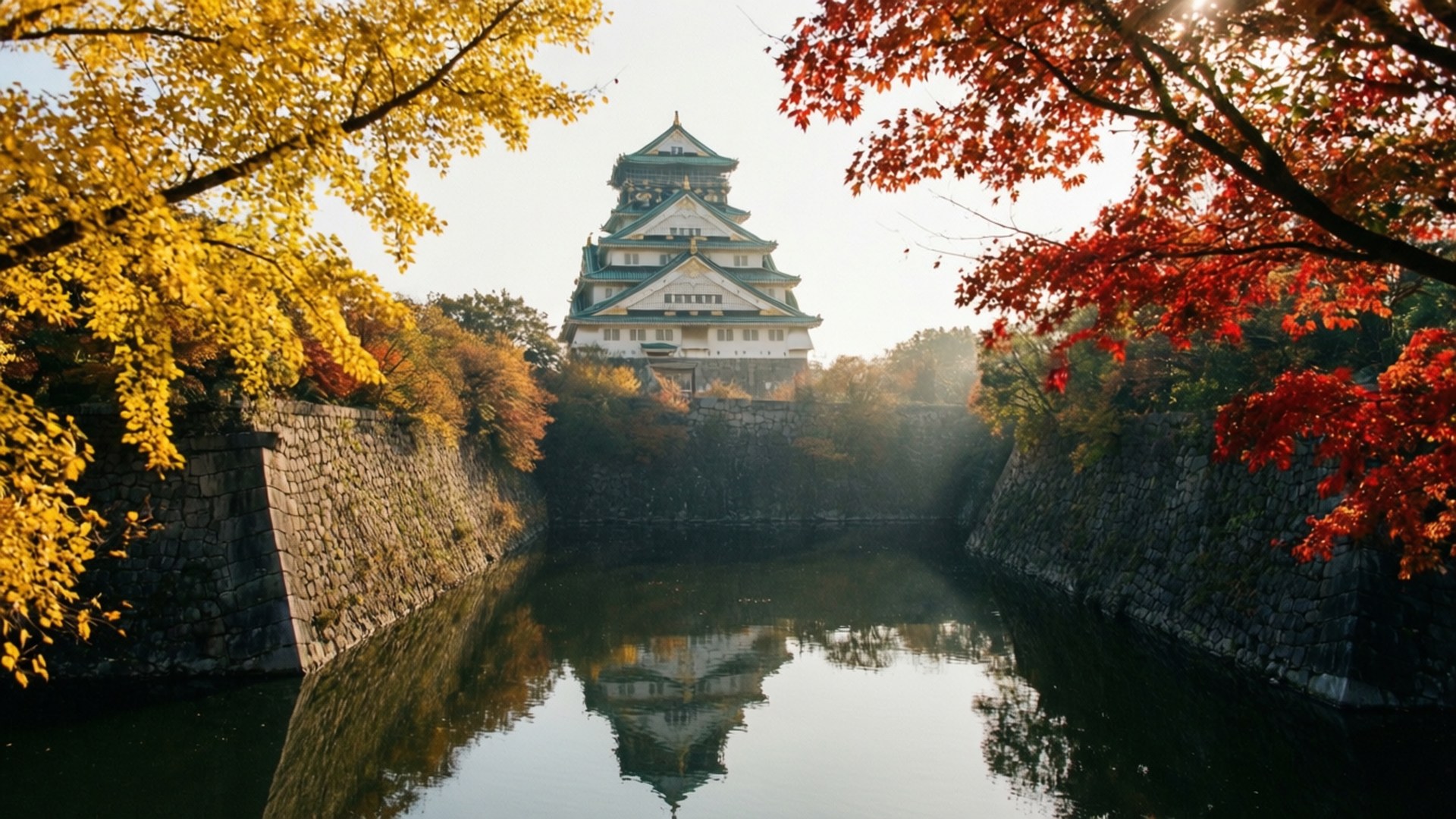 Castle in Autumn Colors 壁紙 — 一座雄偉的日本城堡在護城河後方升起，護城河兩旁是鮮豔的黃色和紅色秋葉。