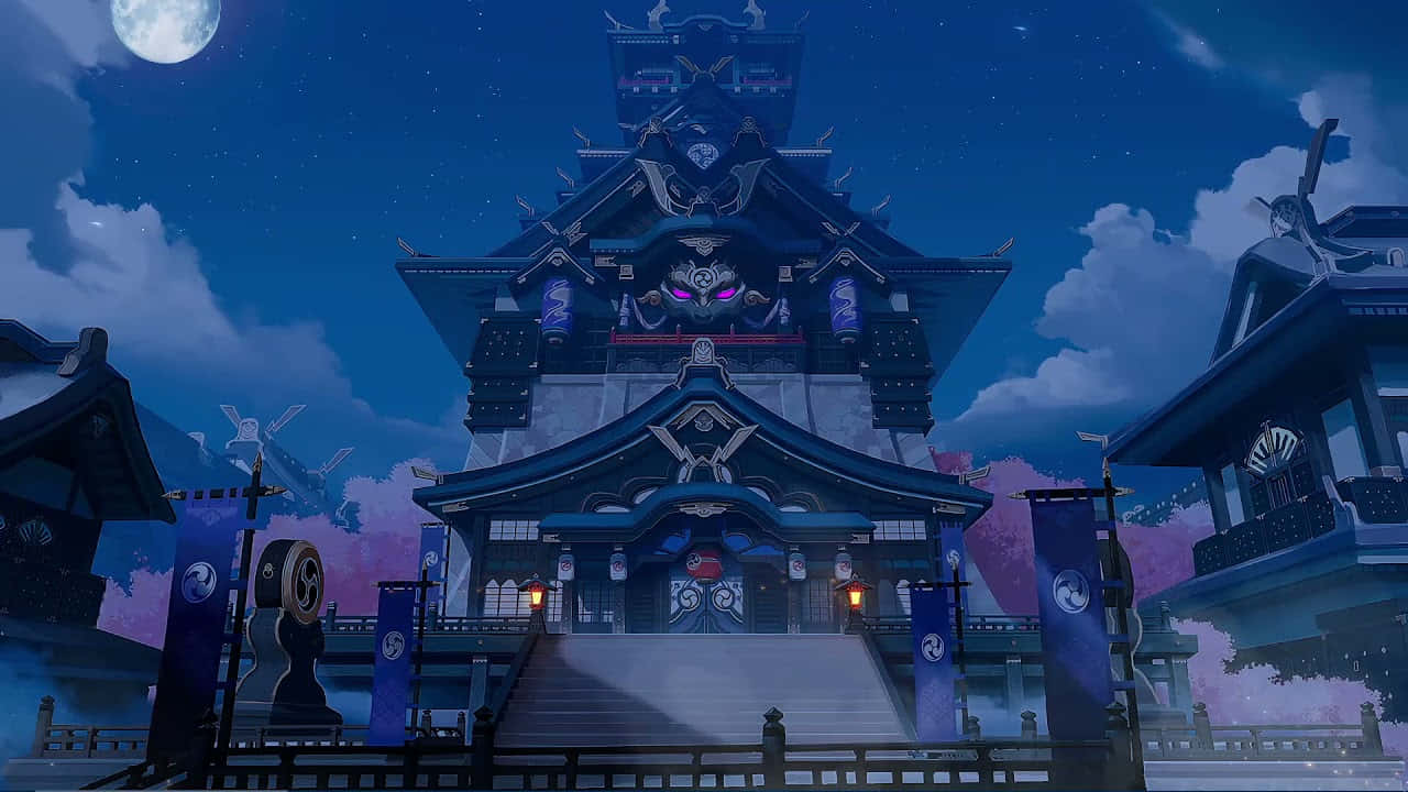 傳統日本神社在滿月和星空下夜間亮燈。 — 廟宇 壁紙