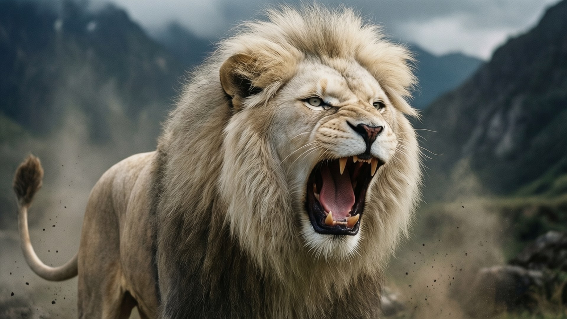 Roaring White Lion 壁紙 — 一頭雄偉的雄獅，擁有濃密的棕褐色鬃毛，在霧氣繚繞的山峰背景下兇猛咆哮。
