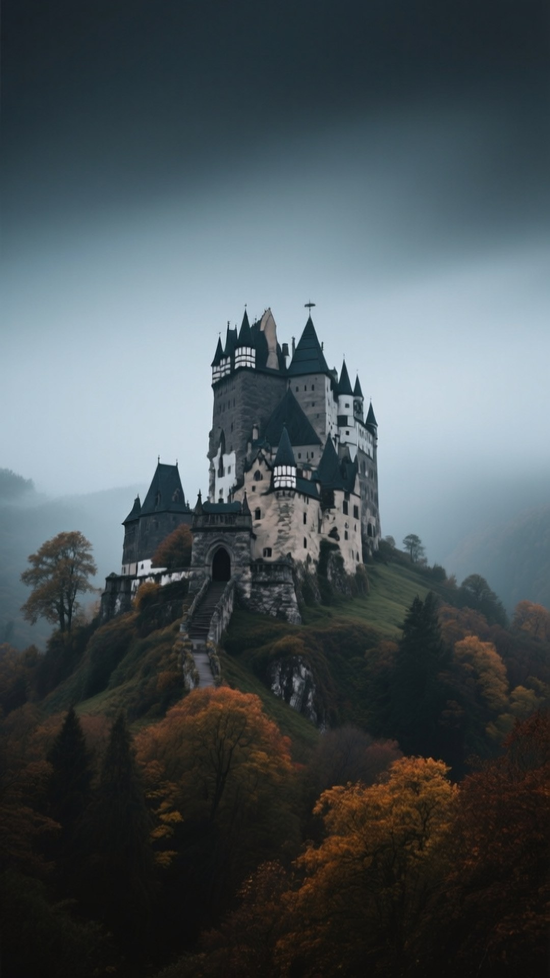 Misty Bran Castle 壁紙 — 一座雄偉的中世紀城堡坐落在霧氣瀰漫的山丘上，周圍環繞著秋日的樹木，天空陰沉。