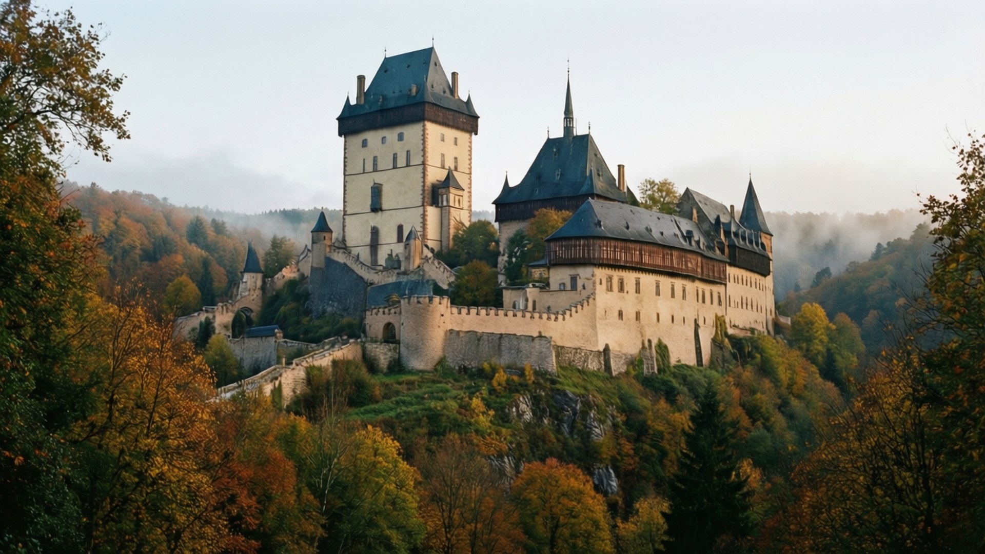 Karlštejn Castle Mist 壁紙 — 一座雄偉的中世紀城堡坐落在森林覆蓋的山坡上，沐浴在秋色中，薄霧在樹林間翻滾。