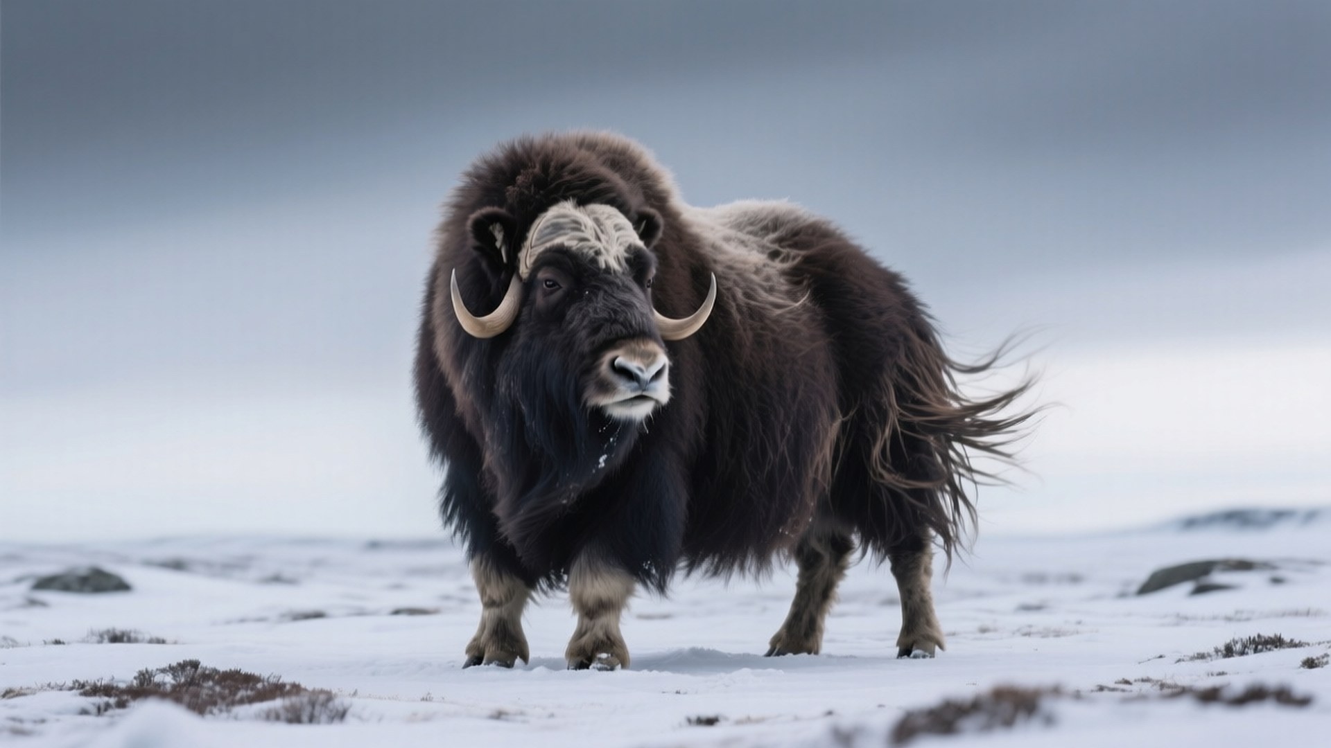 Fierce Musk Ox 壁紙 — 一頭雄偉的麝牛站在白雪皚皚的苔原上，擁有濃密的深色皮毛和彎曲的角，背景是灰色的天空。