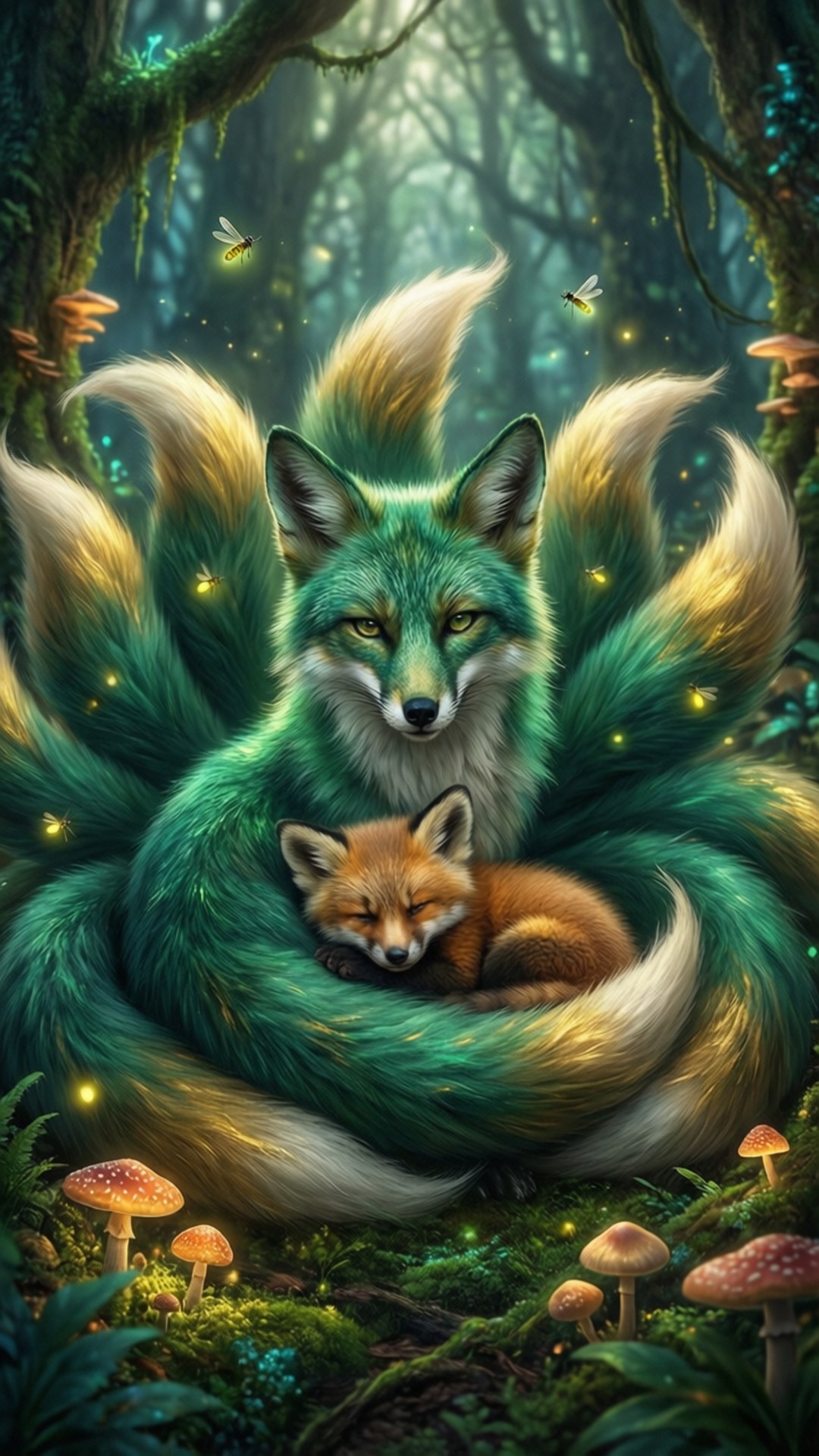 Guardian Fox Mother 壁紙 — 一隻雄偉的九尾狐，擁有翡翠色的毛皮，在一個充滿螢火蟲和蘑菇的神秘森林中，懷抱著一隻沉睡的紅色小狐狸。