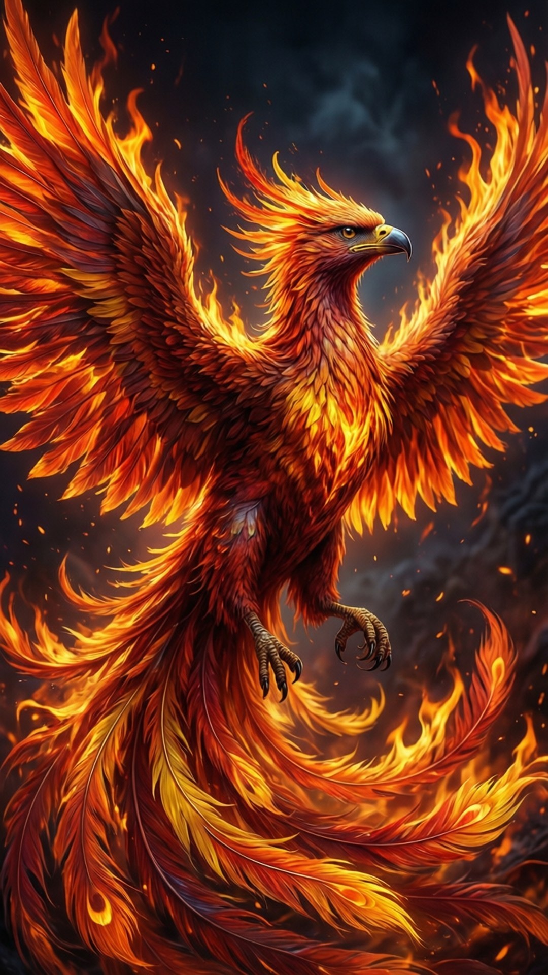 Phoenix Rising 壁紙 — 一隻雄偉的鳳凰，擁有火橙色和紅色的羽毛，在黑暗煙霧繚繞的背景中展開翅膀。