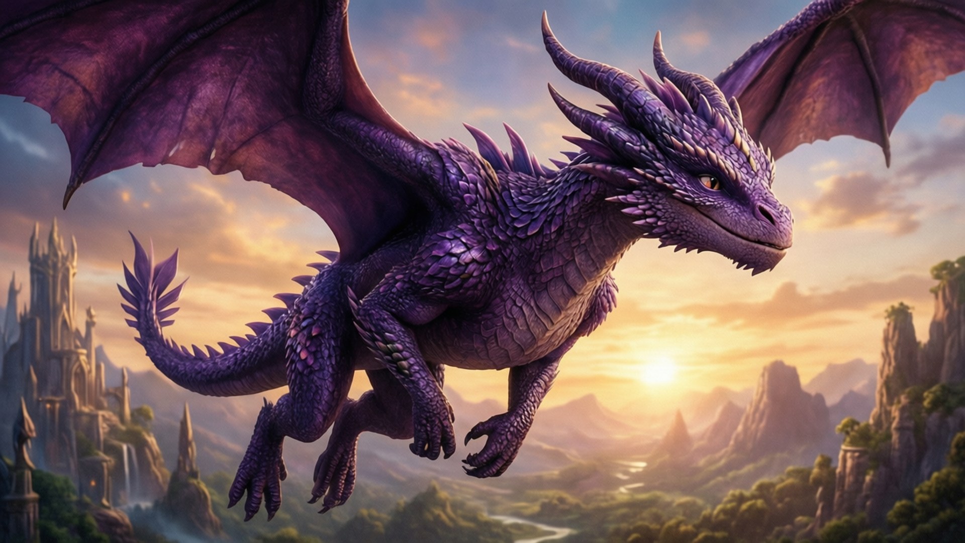 Dragon Mal 壁紙 — 一隻雄偉的紫色龍展開翅膀，在日落時分的奇幻景觀上空翱翔，遠處有一座城堡。