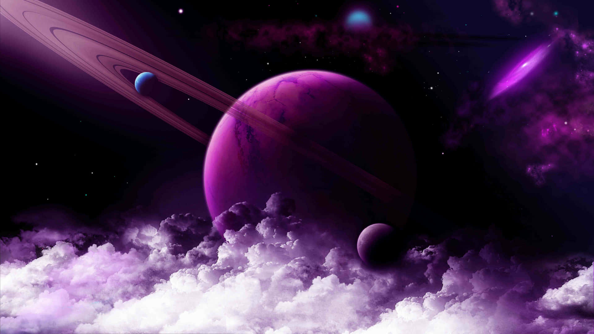  壁紙 — 一個帶有光環的宏偉紫色行星漂浮在充滿恆星和星雲的宇宙場景中旋轉的雲層之上。