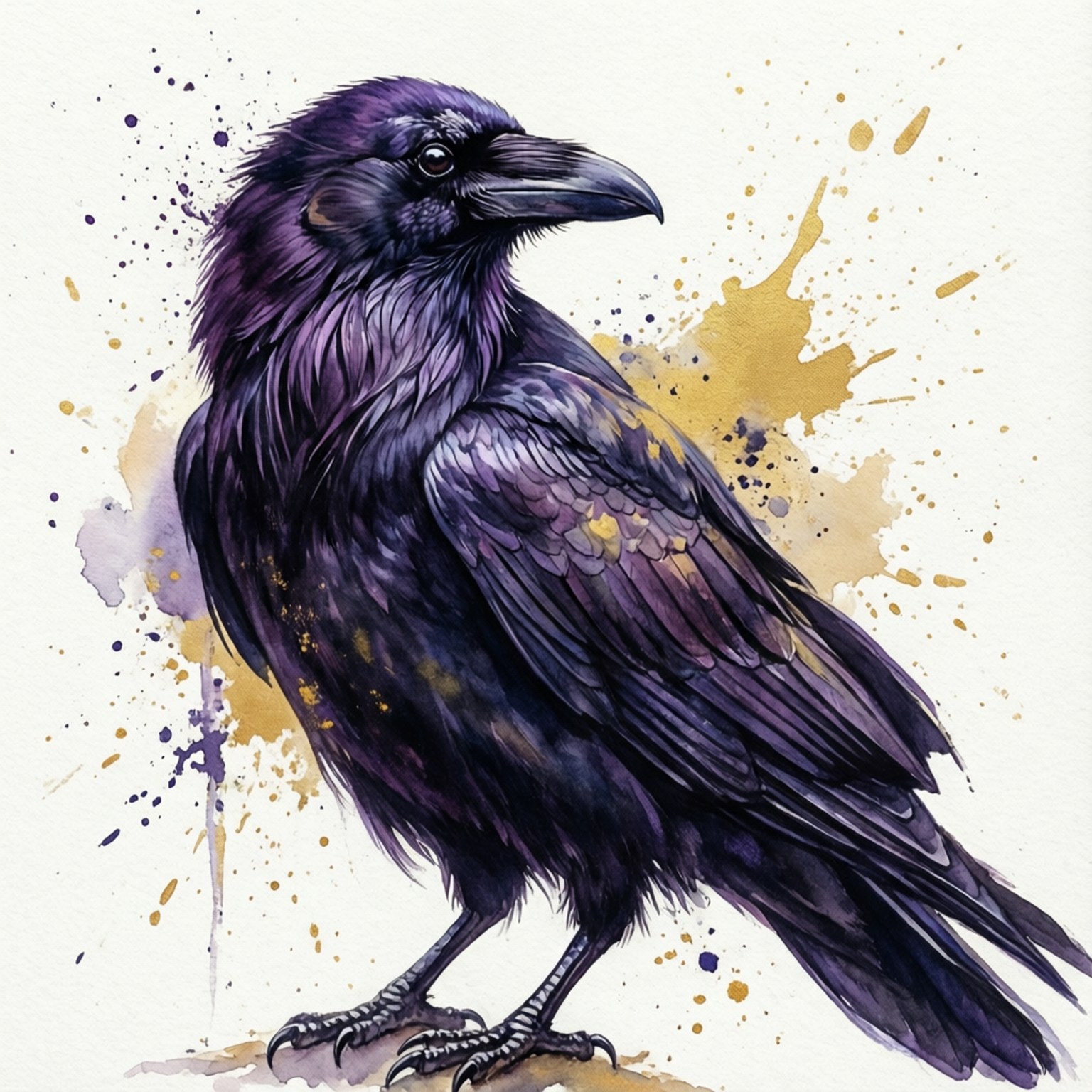 Watercolor Raven 壁紙 — 一隻雄偉的紫色烏鴉，羽毛細緻，站在濺有金色和紫色墨水的白色背景前。