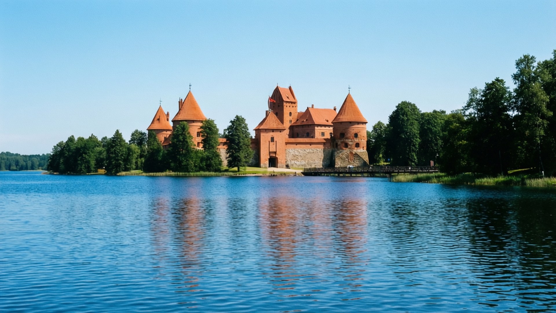 Trakai Castle Panorama 壁紙 — 一座雄偉的紅磚城堡，帶有圓錐形塔樓，矗立在鬱鬱蔥蔥的綠色島嶼上，周圍是平靜的藍色水域，天空晴朗。