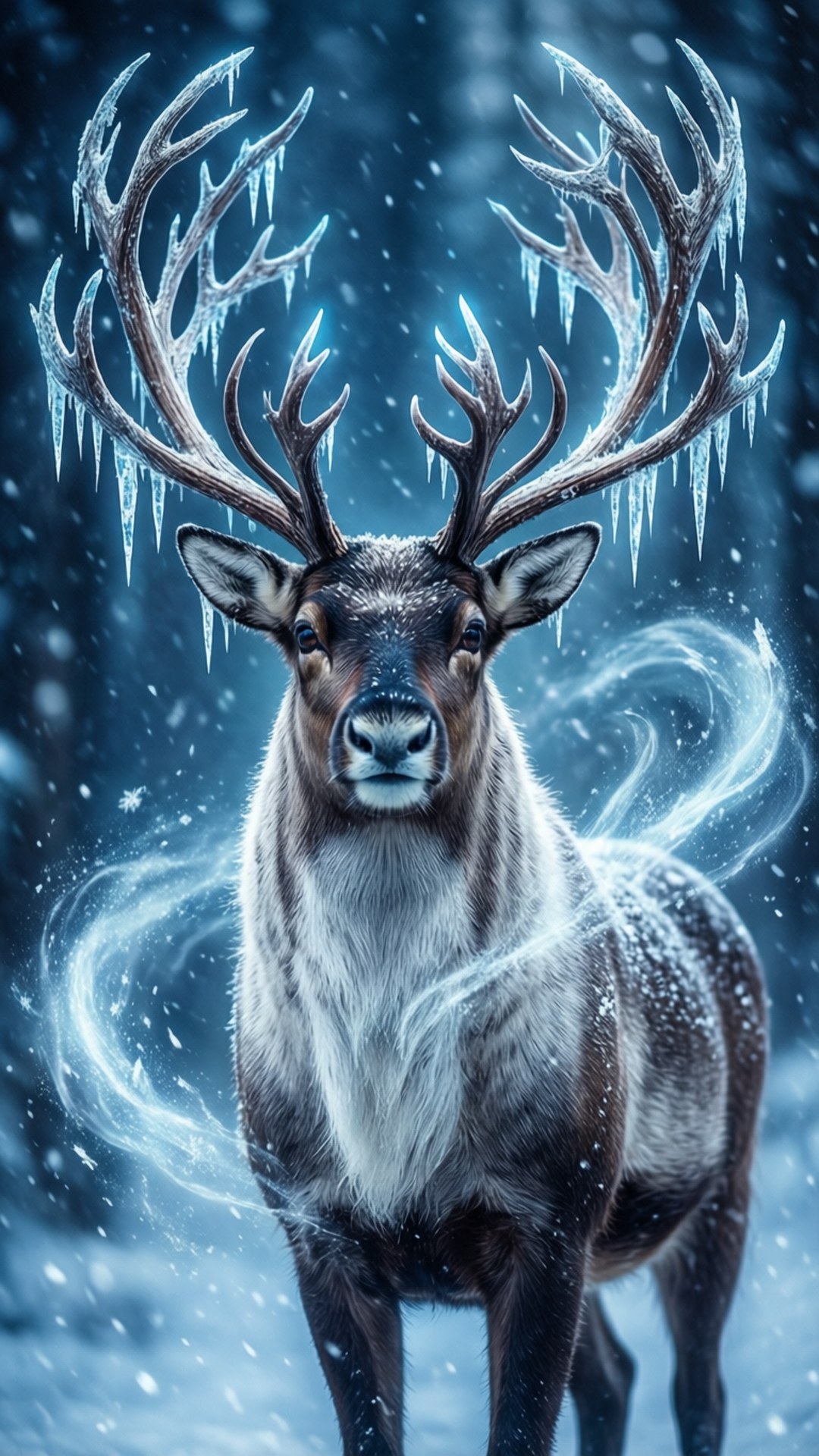 Frozen Magic Reindeer 壁紙 — 一隻雄偉的馴鹿，鹿角結滿冰霜，站在白雪皚皚的森林中，發光的魔法漩渦在其身體周圍旋轉。