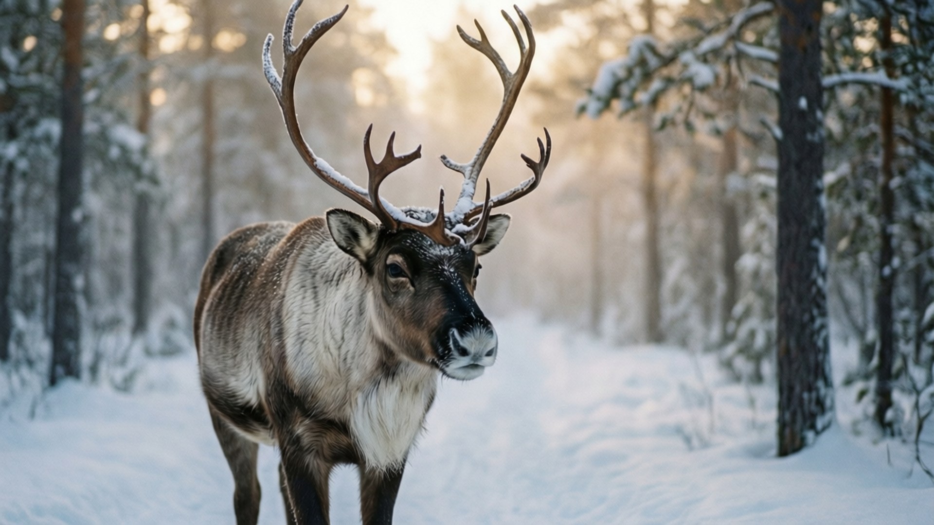Reindeer in the Mist 壁紙 — 一隻雄偉的馴鹿，鹿角上沾滿雪花，站在沐浴在金色陽光下的寧靜冬季森林中。