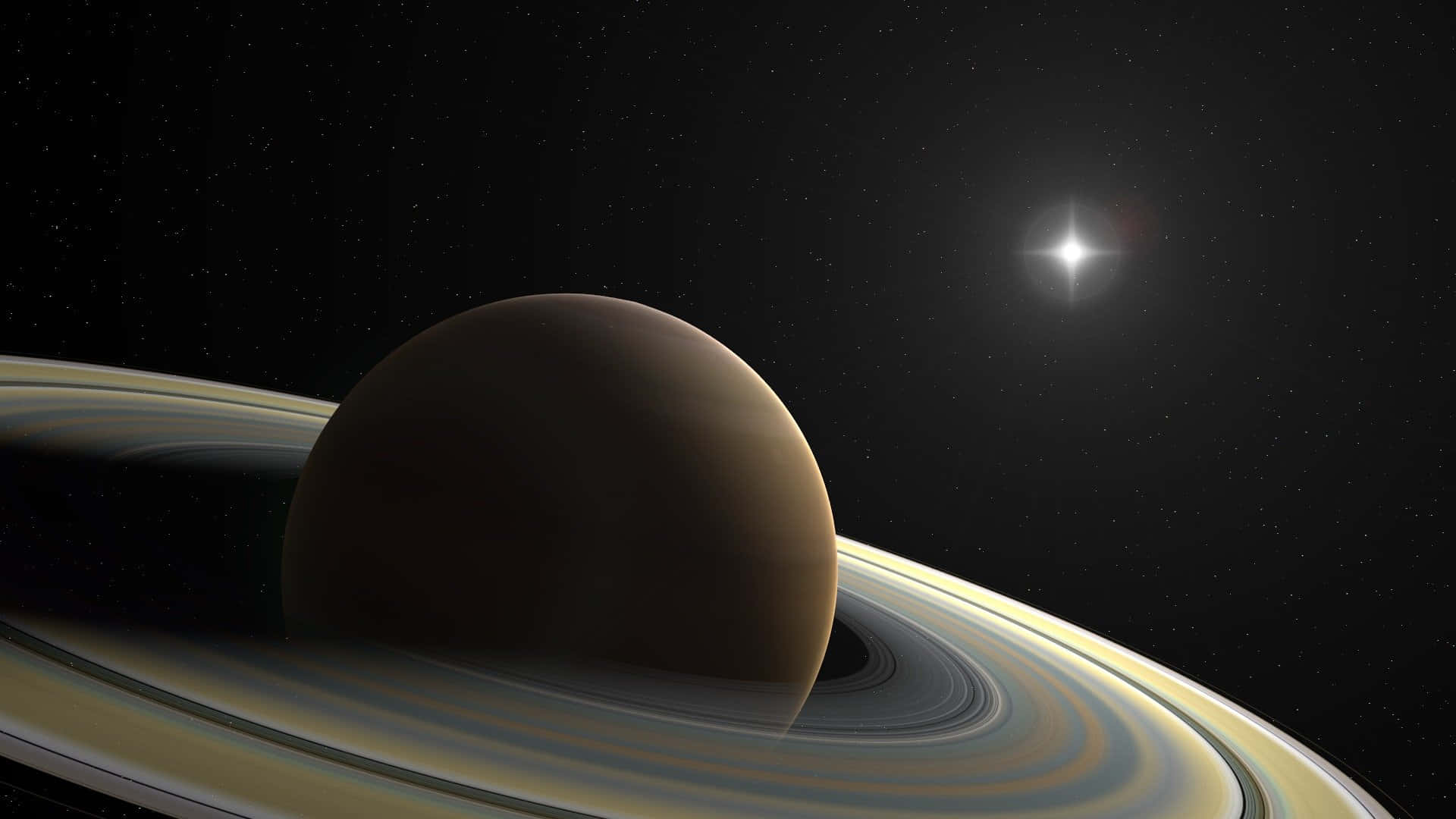  壁紙 — 一顆壯麗的環狀行星在遙遠的恆星下，於繁星點點的宇宙背景中發光。