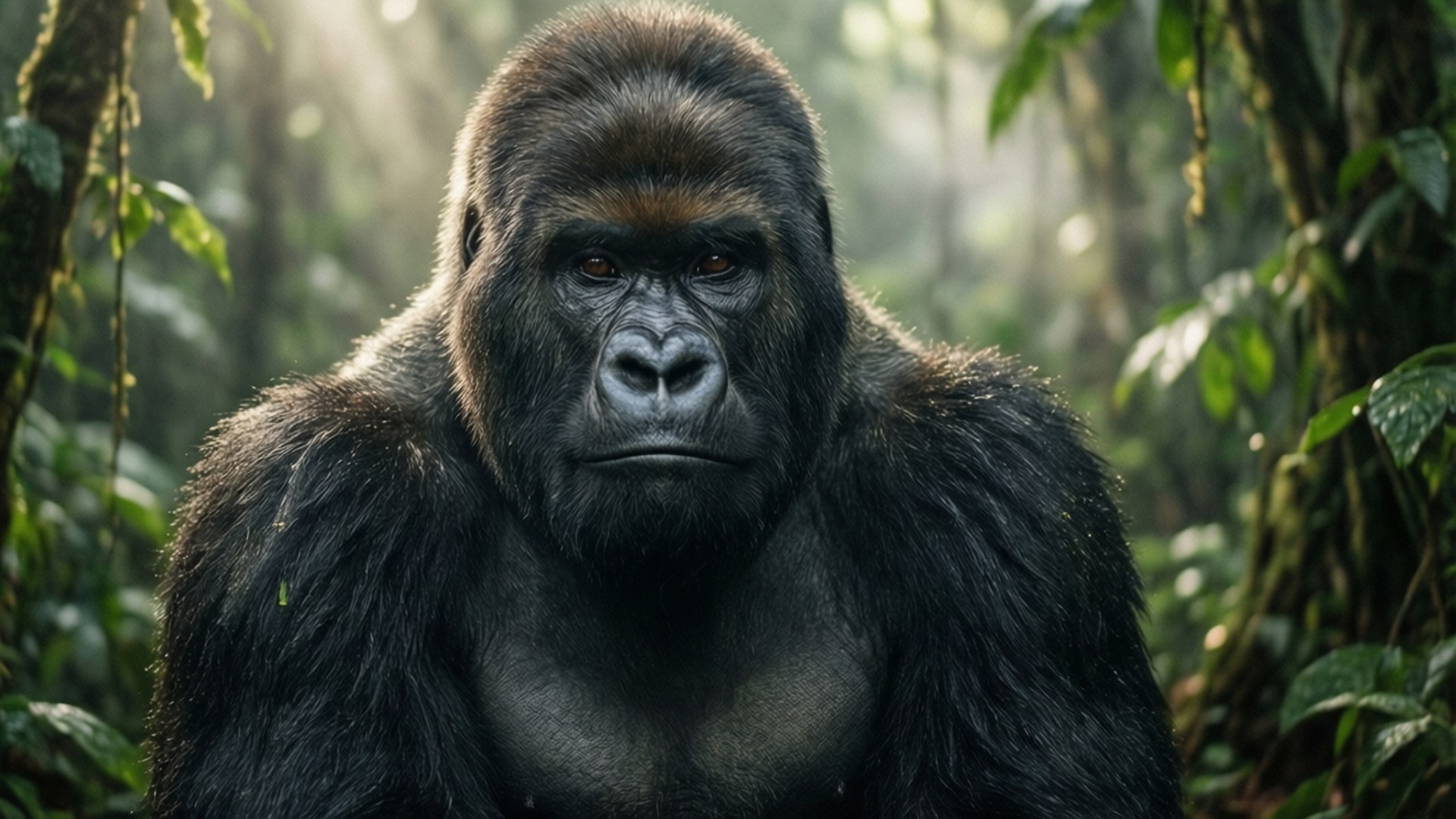 Misty Jungle Gorilla 壁紙 — 一隻威嚴的銀背大猩猩從陽光明媚的叢林中專注地凝視，周圍環繞著茂密的綠色樹葉和斑駁的光線。