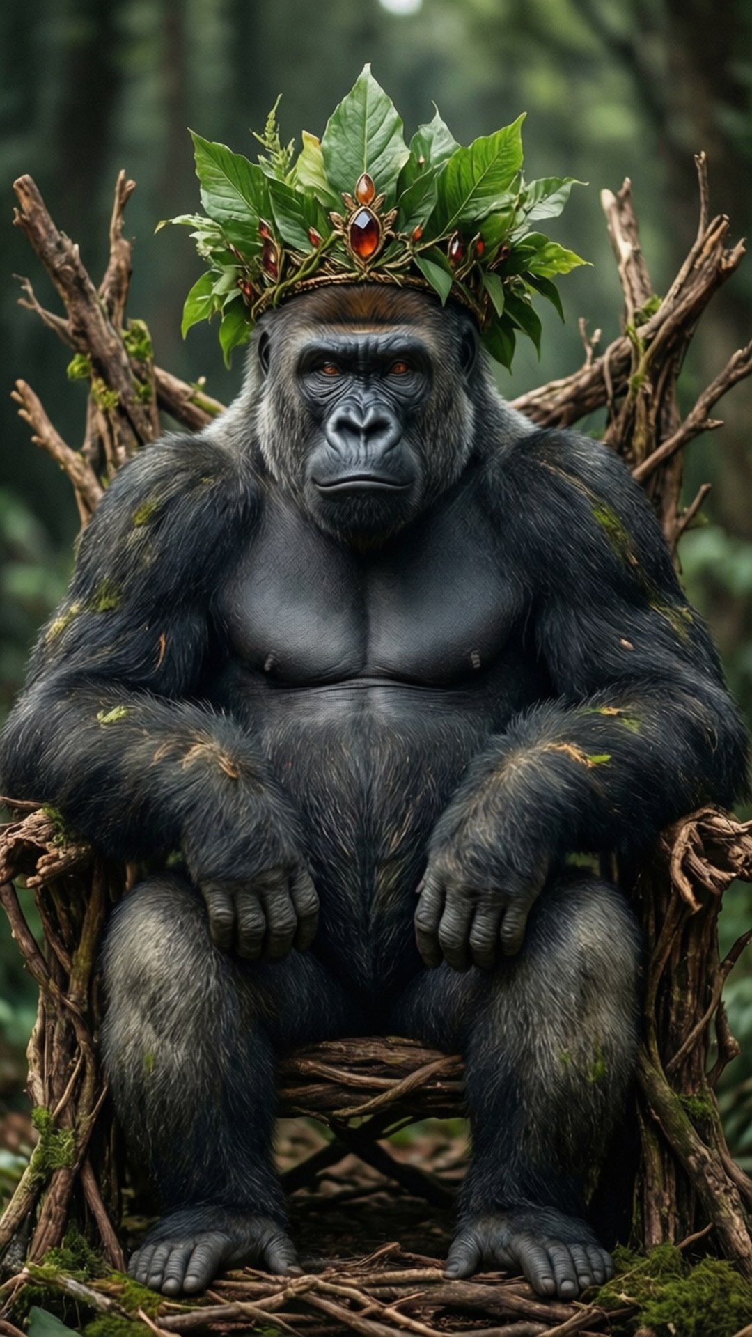 Regal Gorilla King 壁紙 — 一隻威嚴的銀背大猩猩戴著樹葉王冠，端坐在霧氣森林中用編織樹枝做成的王座上。