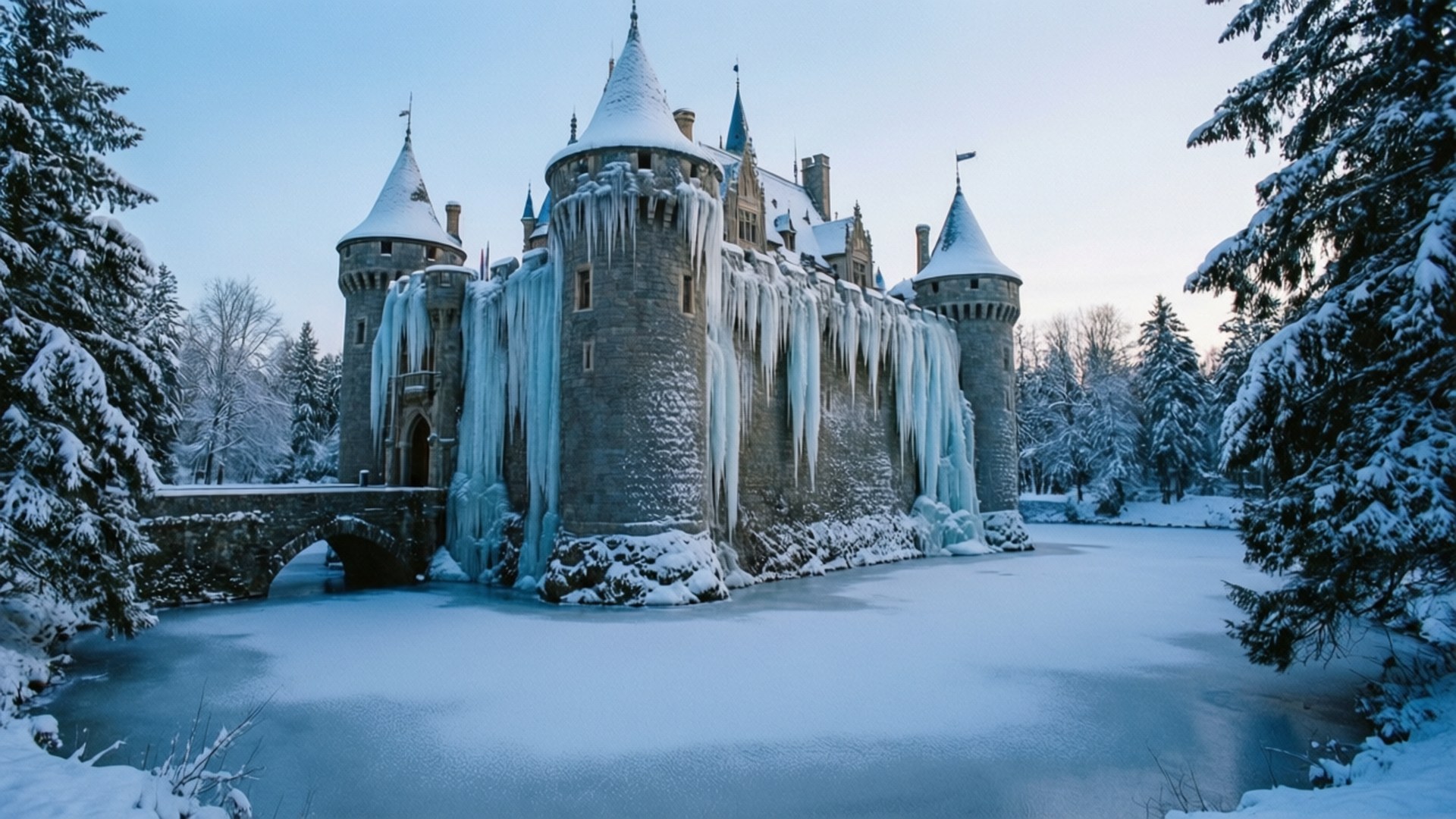 Snowy Castle Silence 壁紙 — 一座雄偉的雪覆蓋城堡，塔樓上掛著冰柱，凍結在雪塵護城河旁，周圍是常青樹。