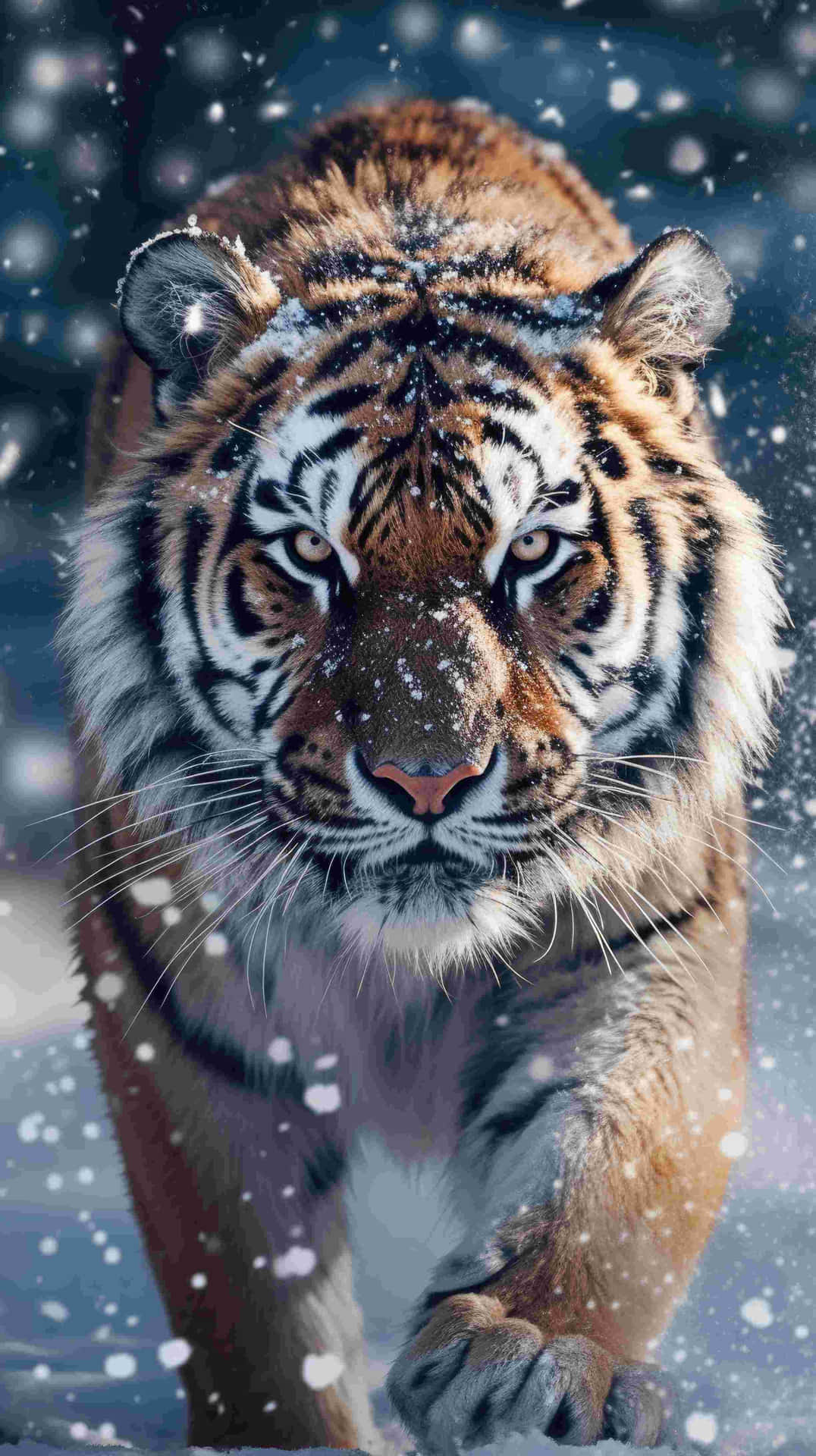  壁紙 — 一隻威風凜凜的雪虎在冬日森林場景中，透過飄落的雪花凝視著。