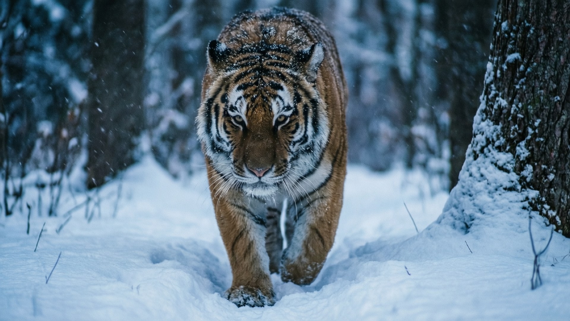 Tiger in Winter 壁紙 — 一隻威猛的老虎在雪花飄落的冰霜森林中，大步穿過厚厚的積雪。